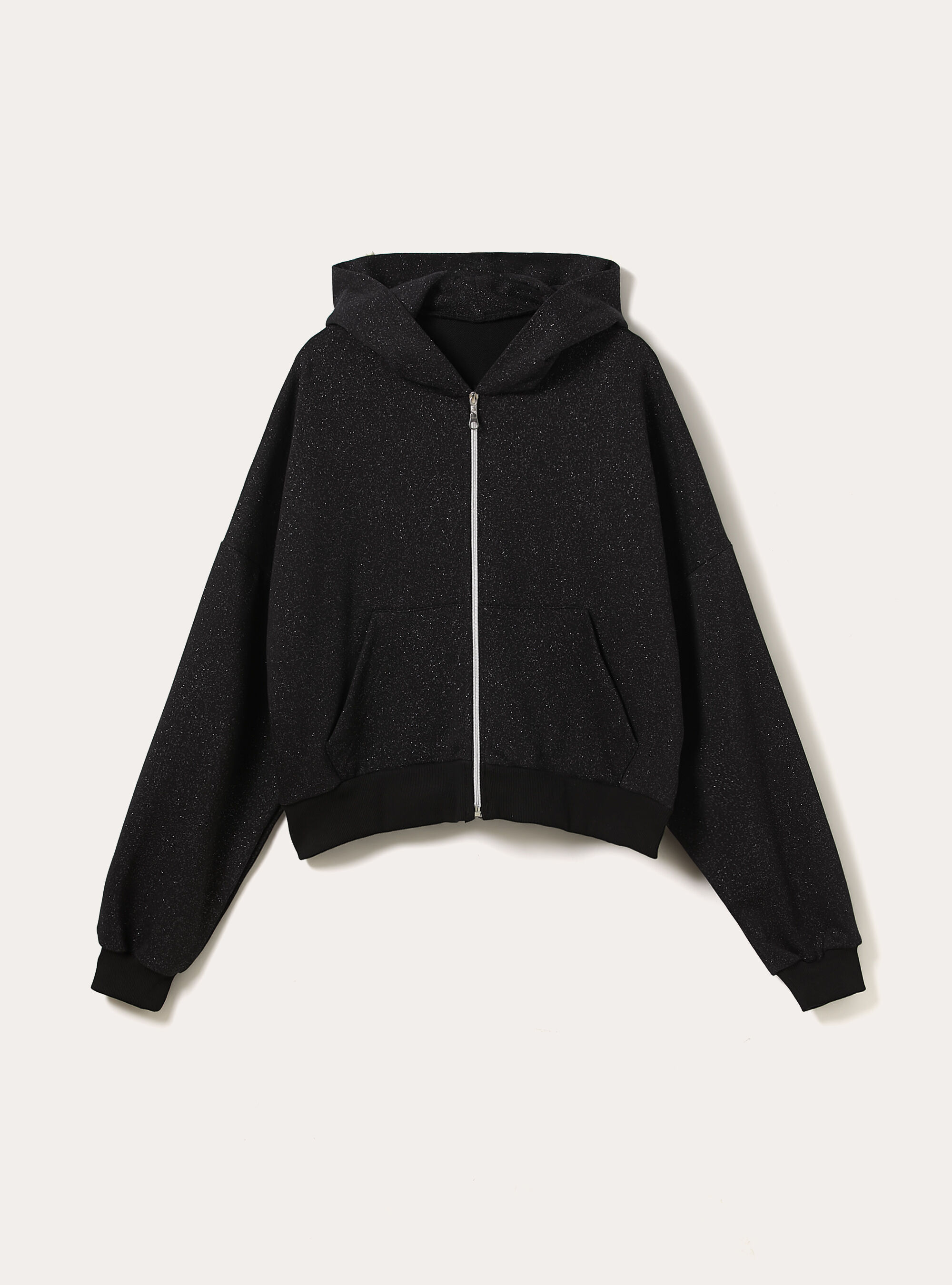 Cardigan cappuccio oversize con glitter, BK1 BLACK