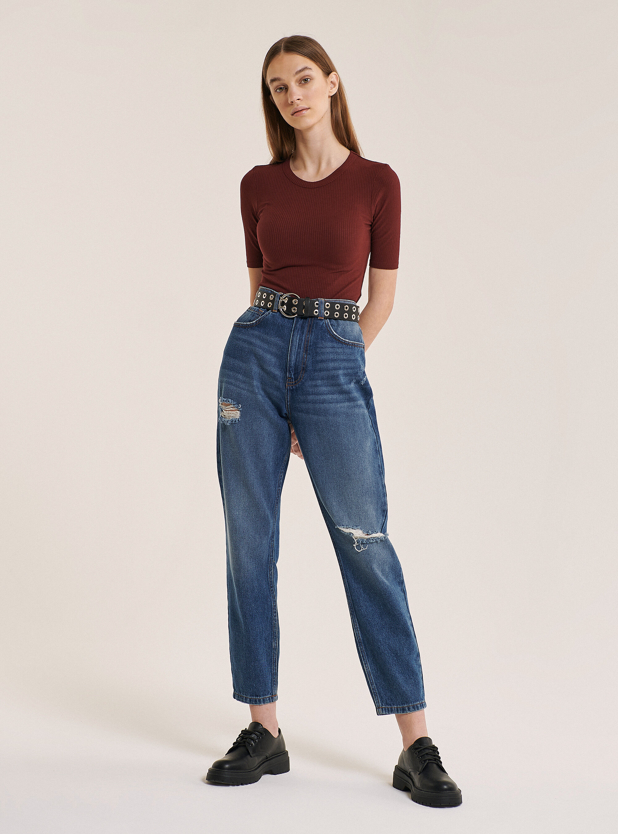 Ribbed half sleeve body in cotton, BORDEAUX