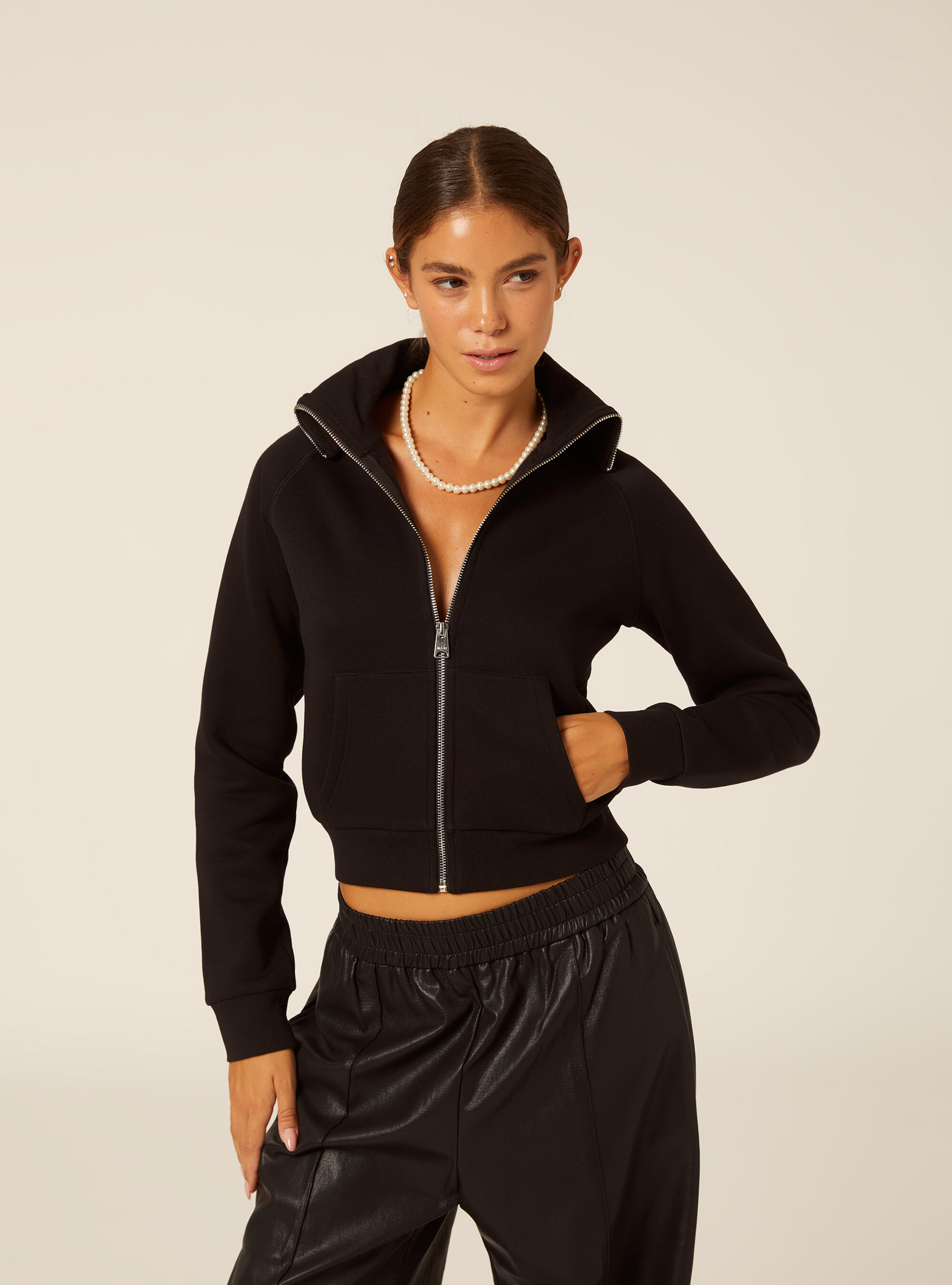Cropped zip-up sweatshirt with high collar