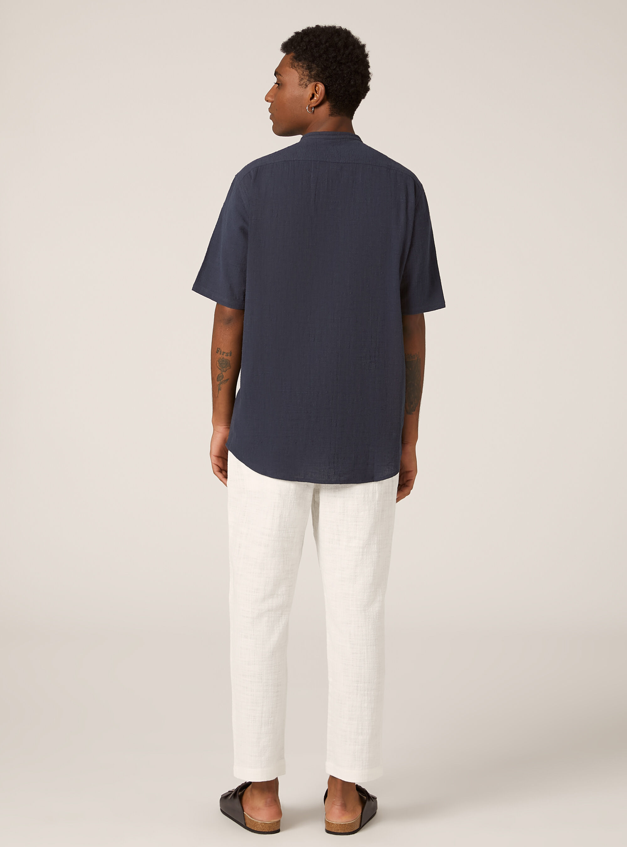 Linen blend shirt with Korean collar, NA2 NAVY MEDIUM