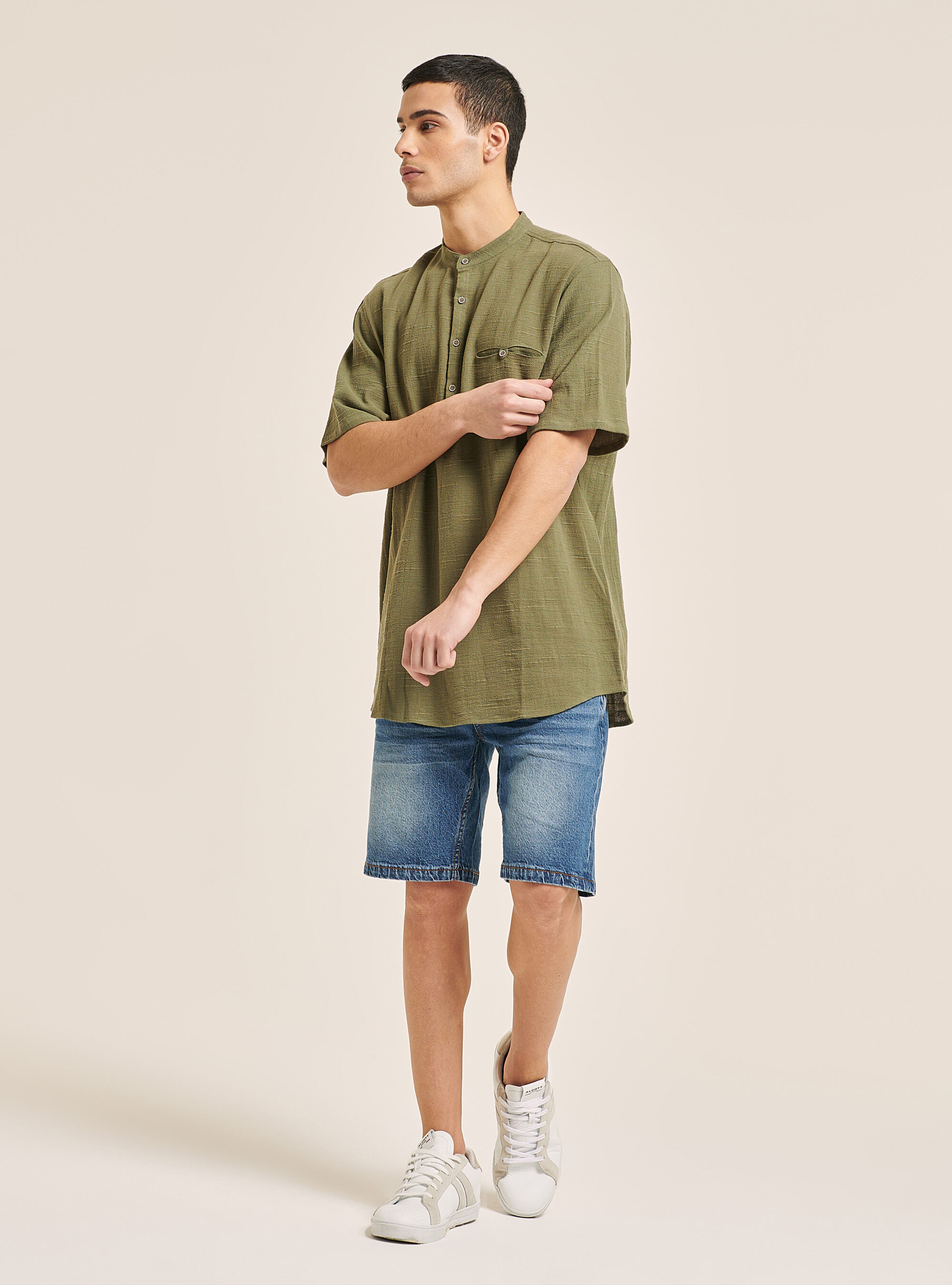 Linen blend shirt with Korean collar, KAKI