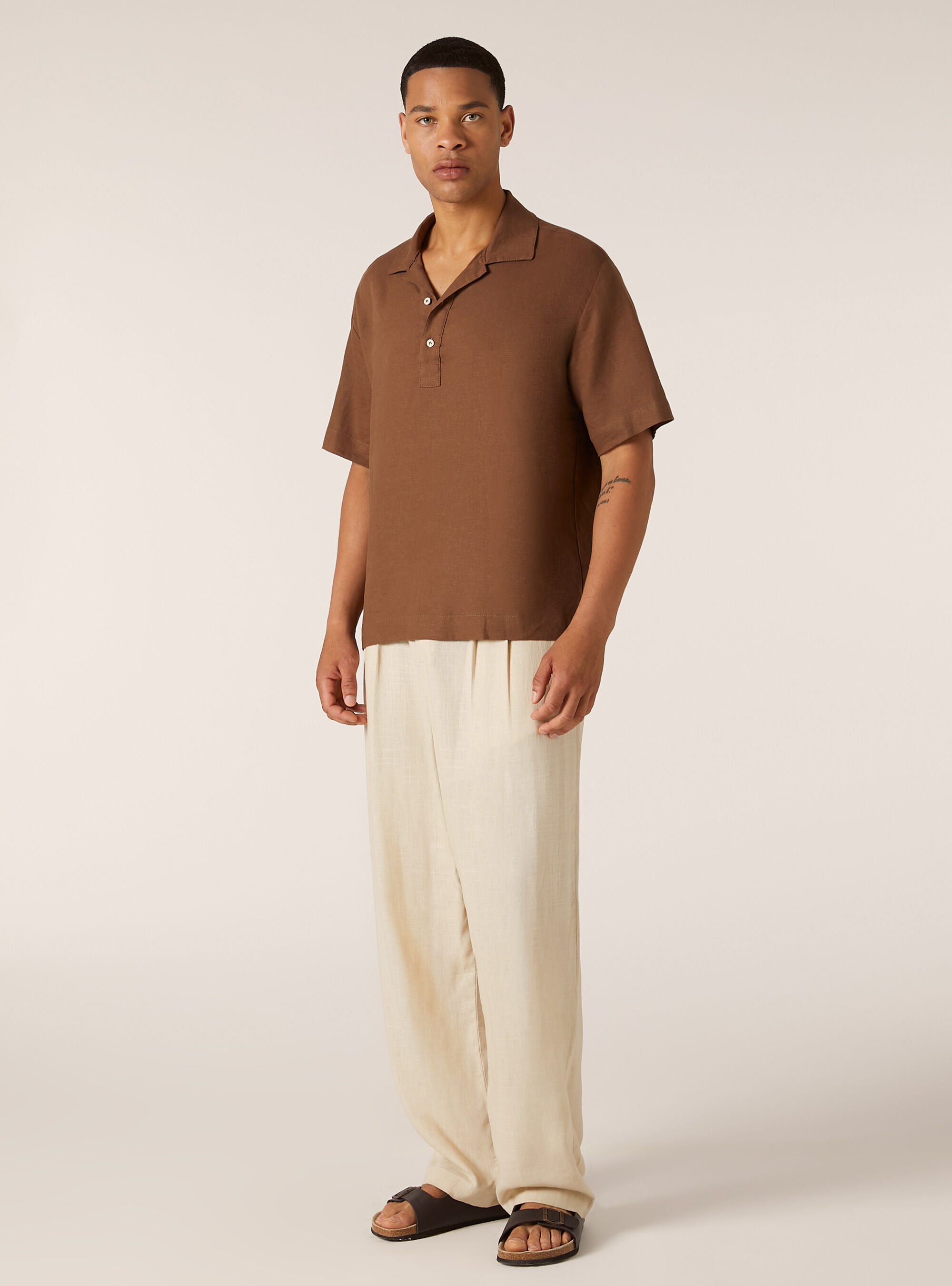 Camicia in misto lino a maniche corte, TB2 TOBACCO MEDIUM