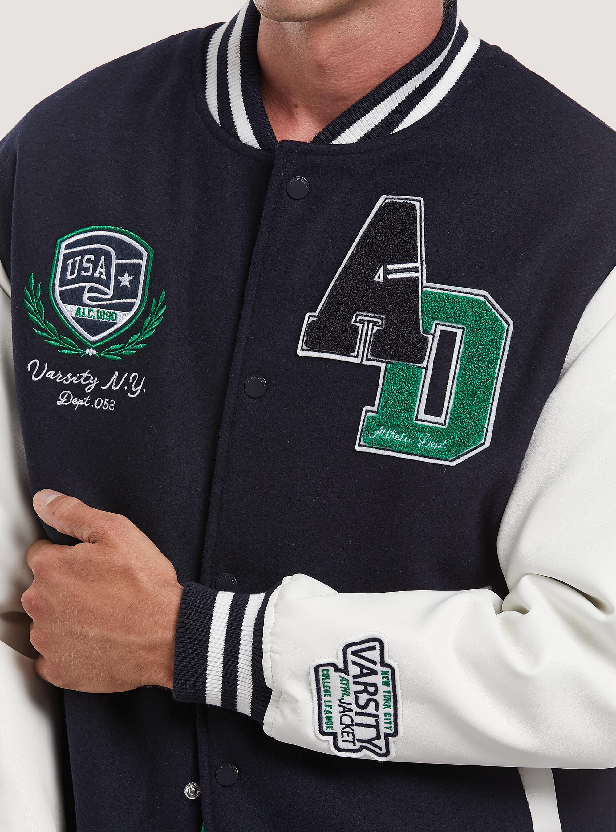 College-style bomber jacket with leather-effect sleeves, NA1 NAVY DARK