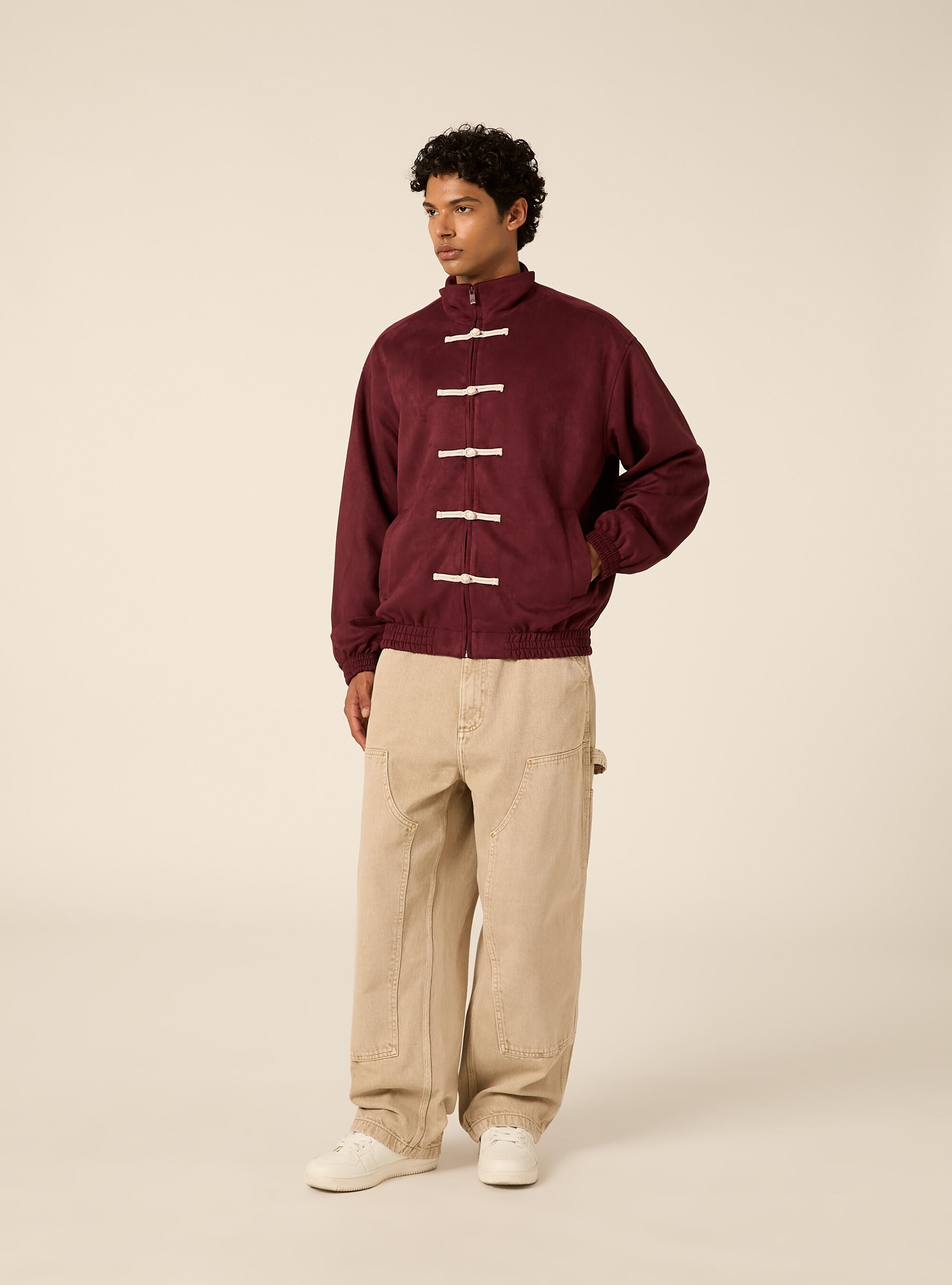 Bomber in simil suede con zip e chiusure frontali