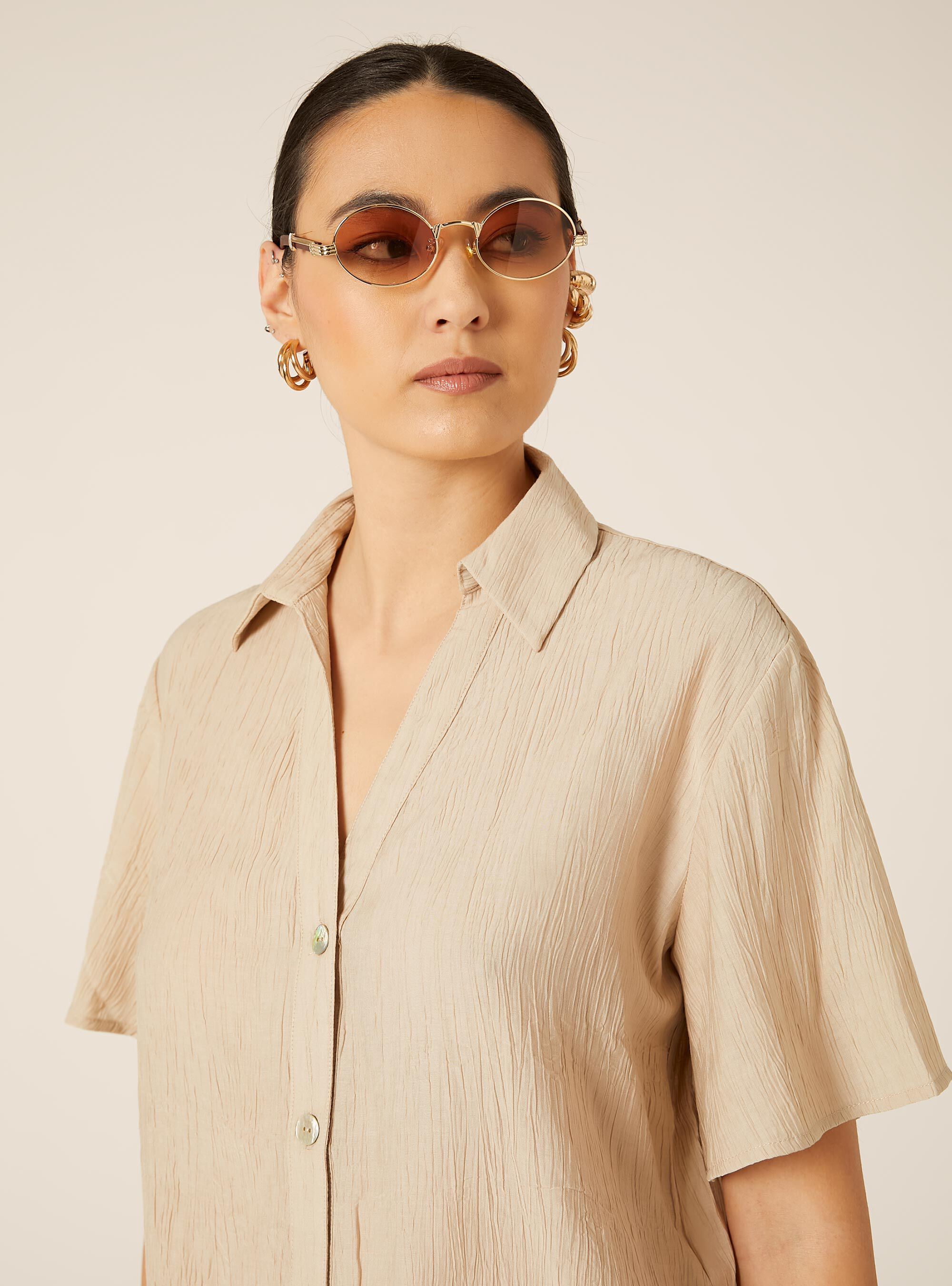 Camicia maniche corte in crepe, BG2 BEIGE MEDIUM
