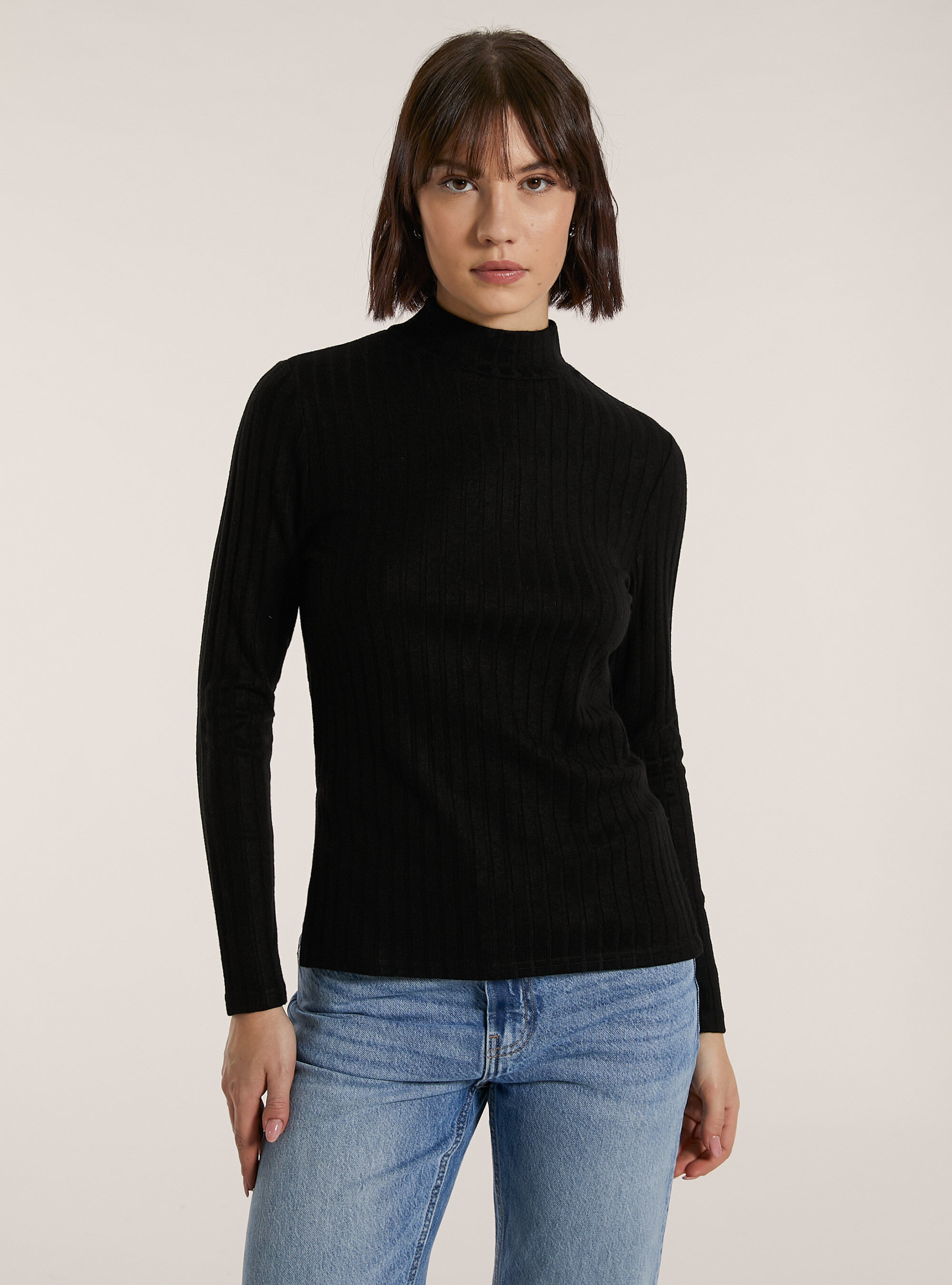 Maglia collo alto a coste, BK1 BLACK