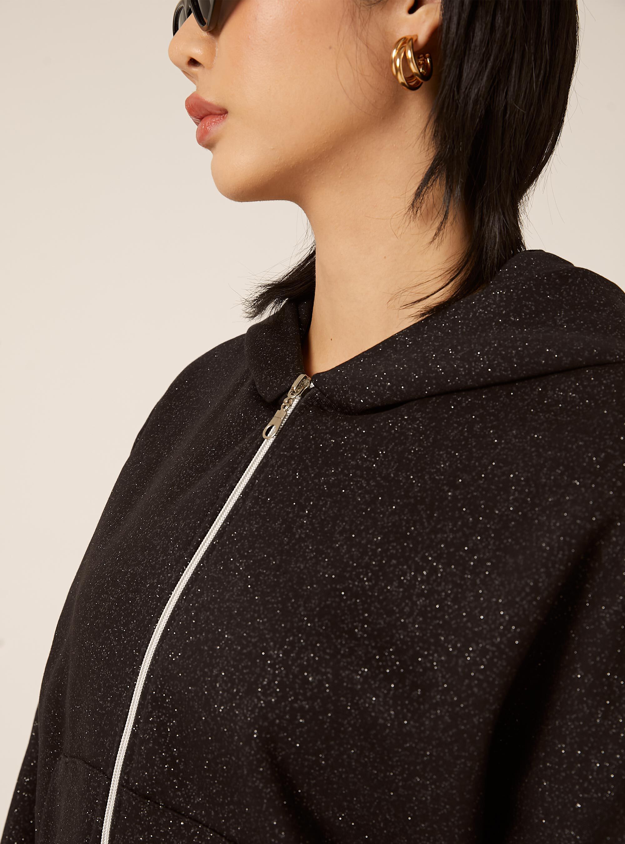 Cardigan cappuccio oversize con glitter, BK1 BLACK