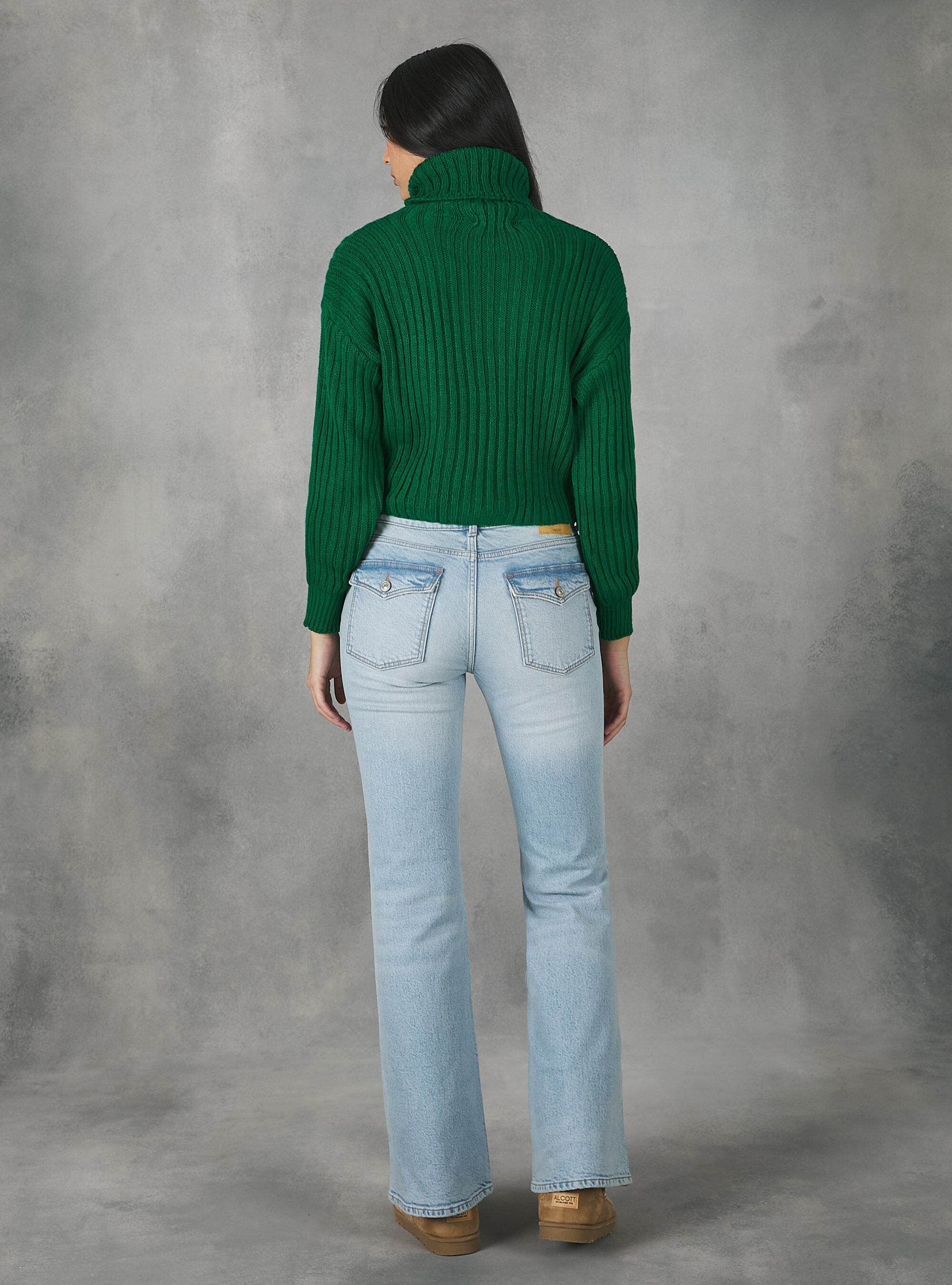 Pullover collo alto a coste, GN1 GREEN DARK