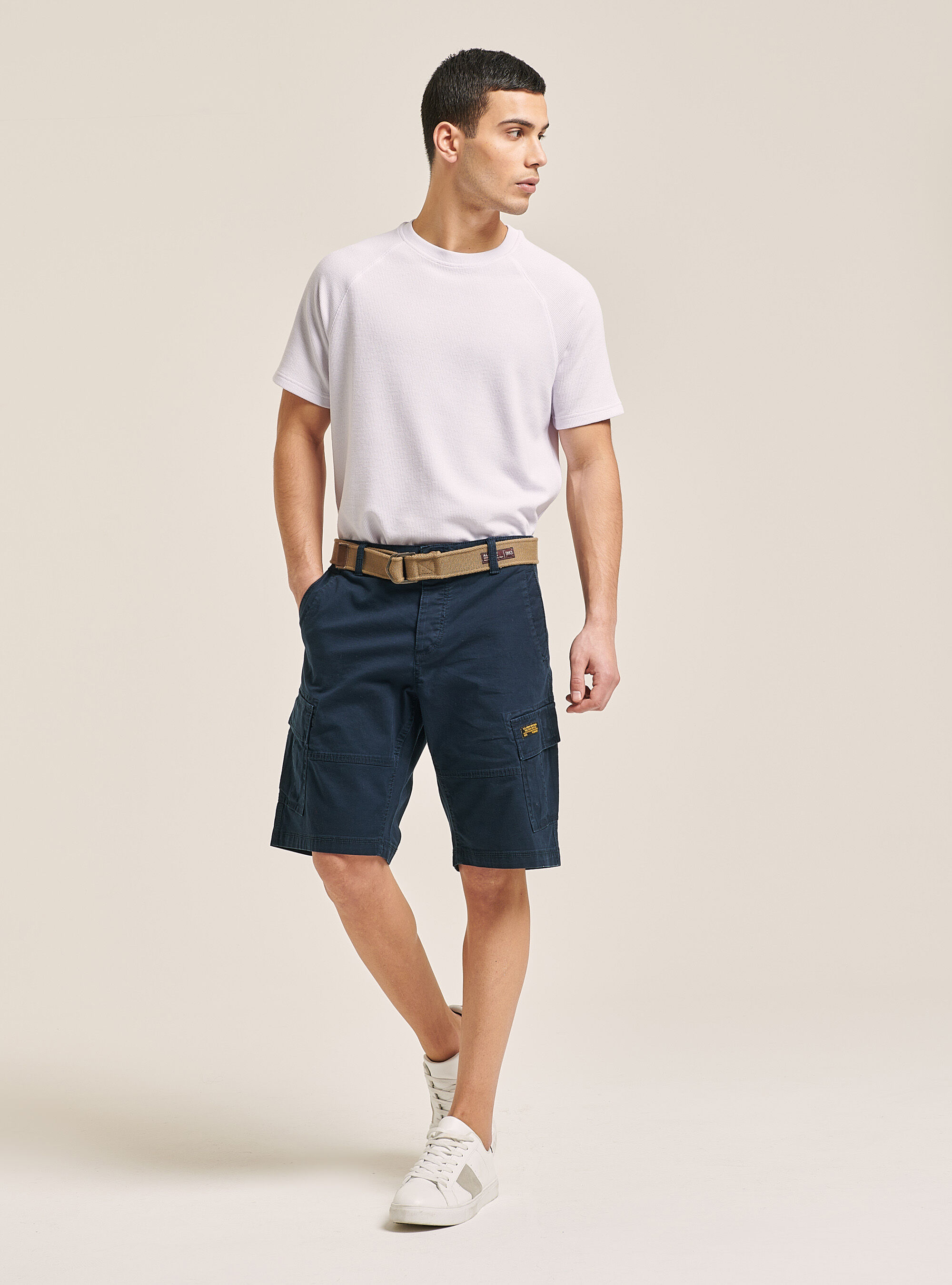 Canvas cargo bermuda with belt, BLUE NAVY