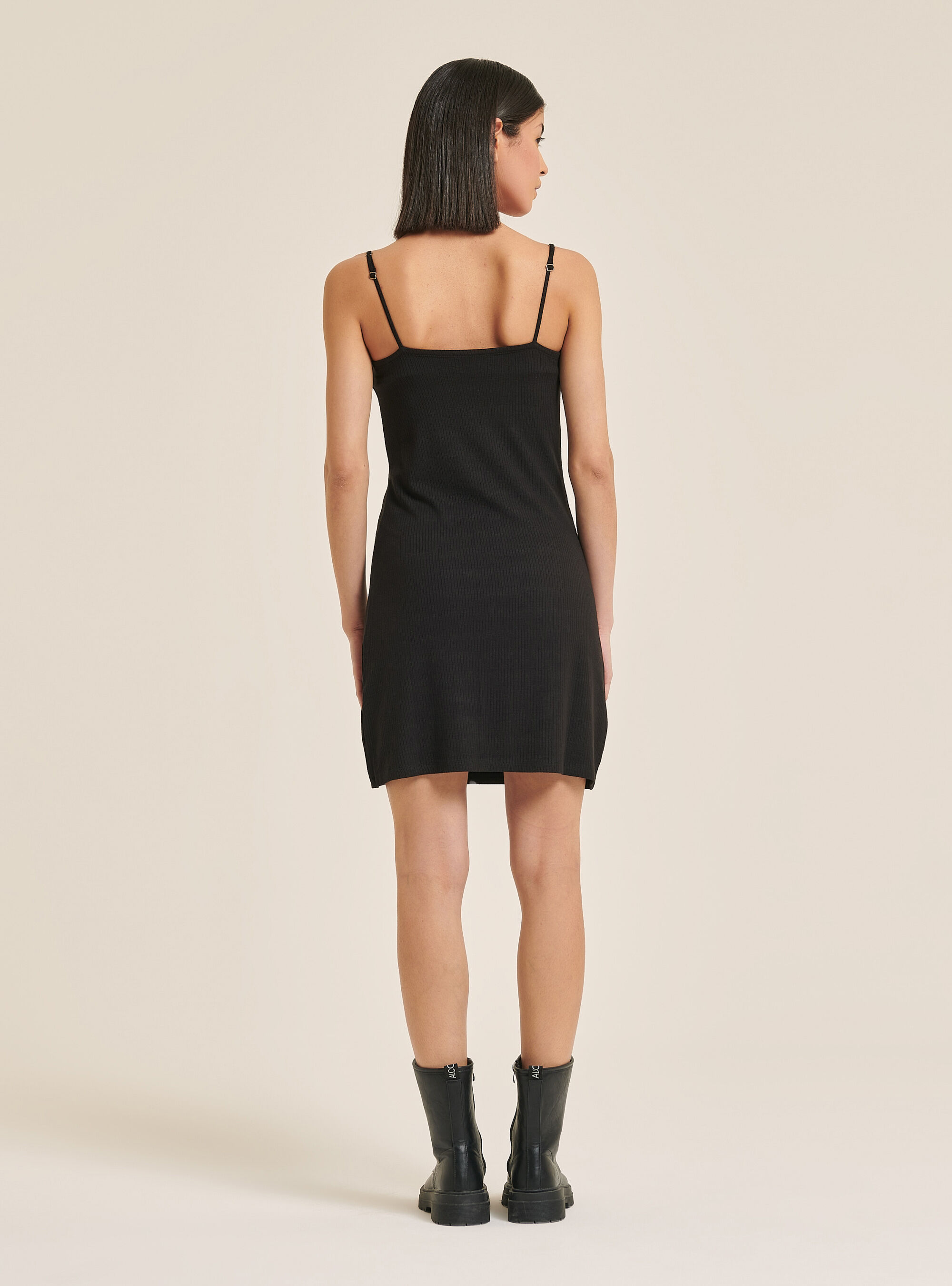 Ribbed mini dress with braces, BLACK