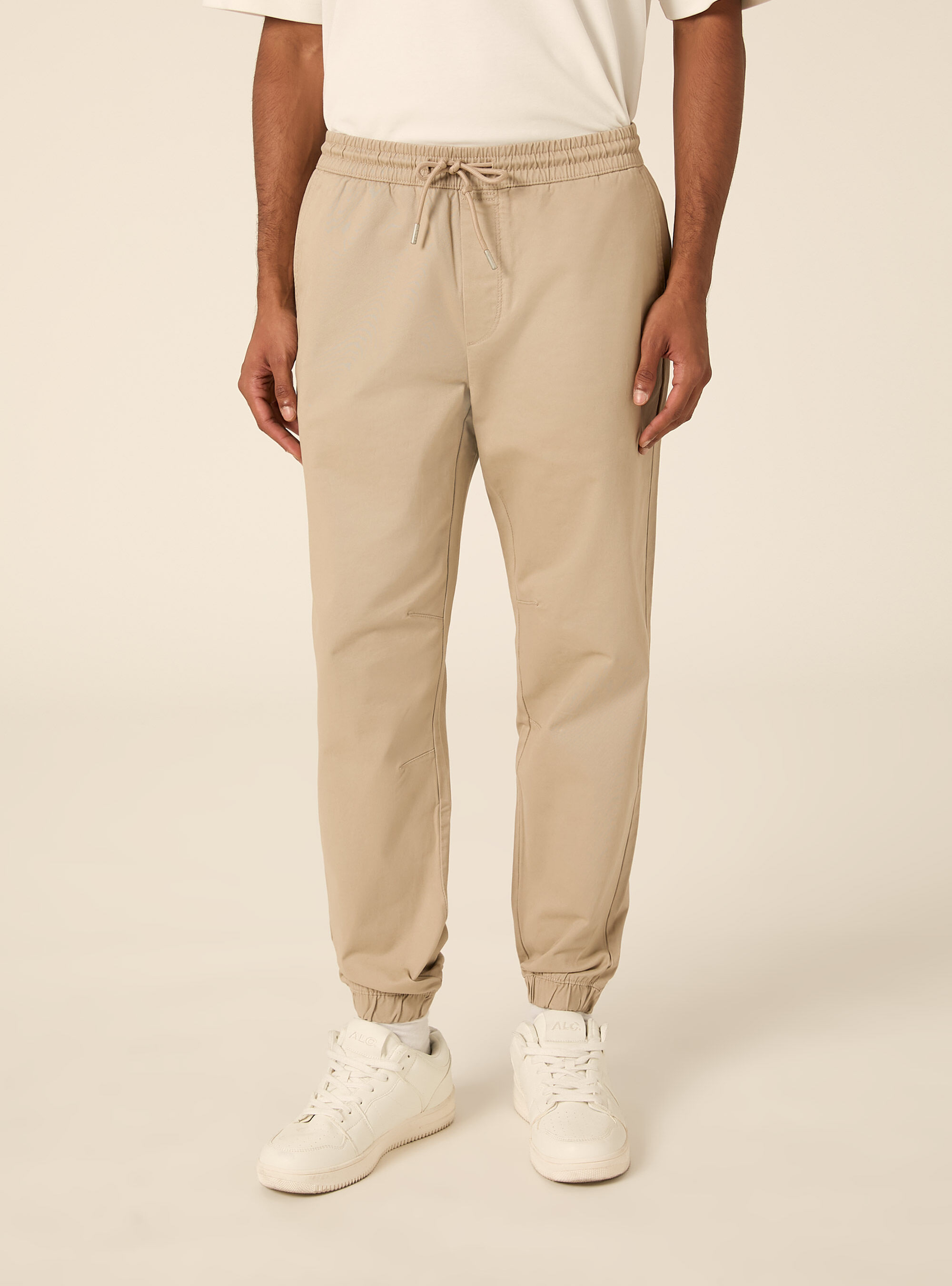 Pantaloni twill stretch elastico e stringa in vita, BG2 BEIGE MEDIUM