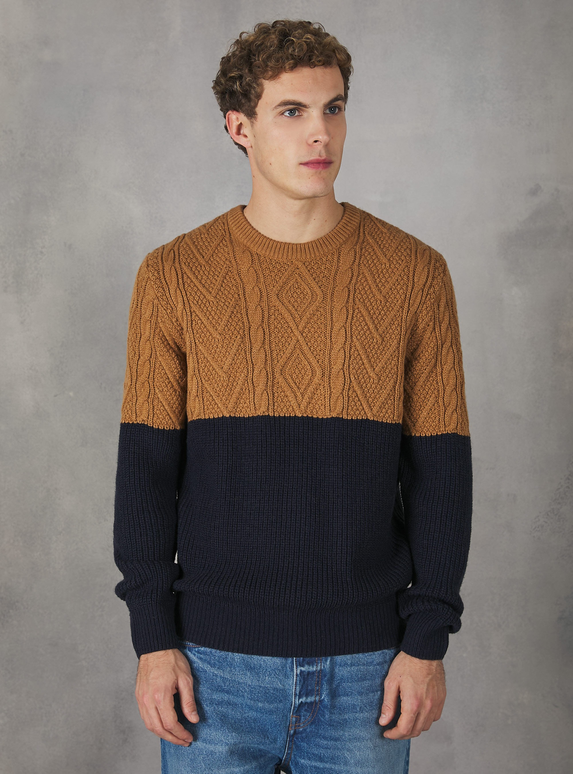 Pullover color block in misto lana con lavorazione a trecce, BG3 BEIGE LIGHT
