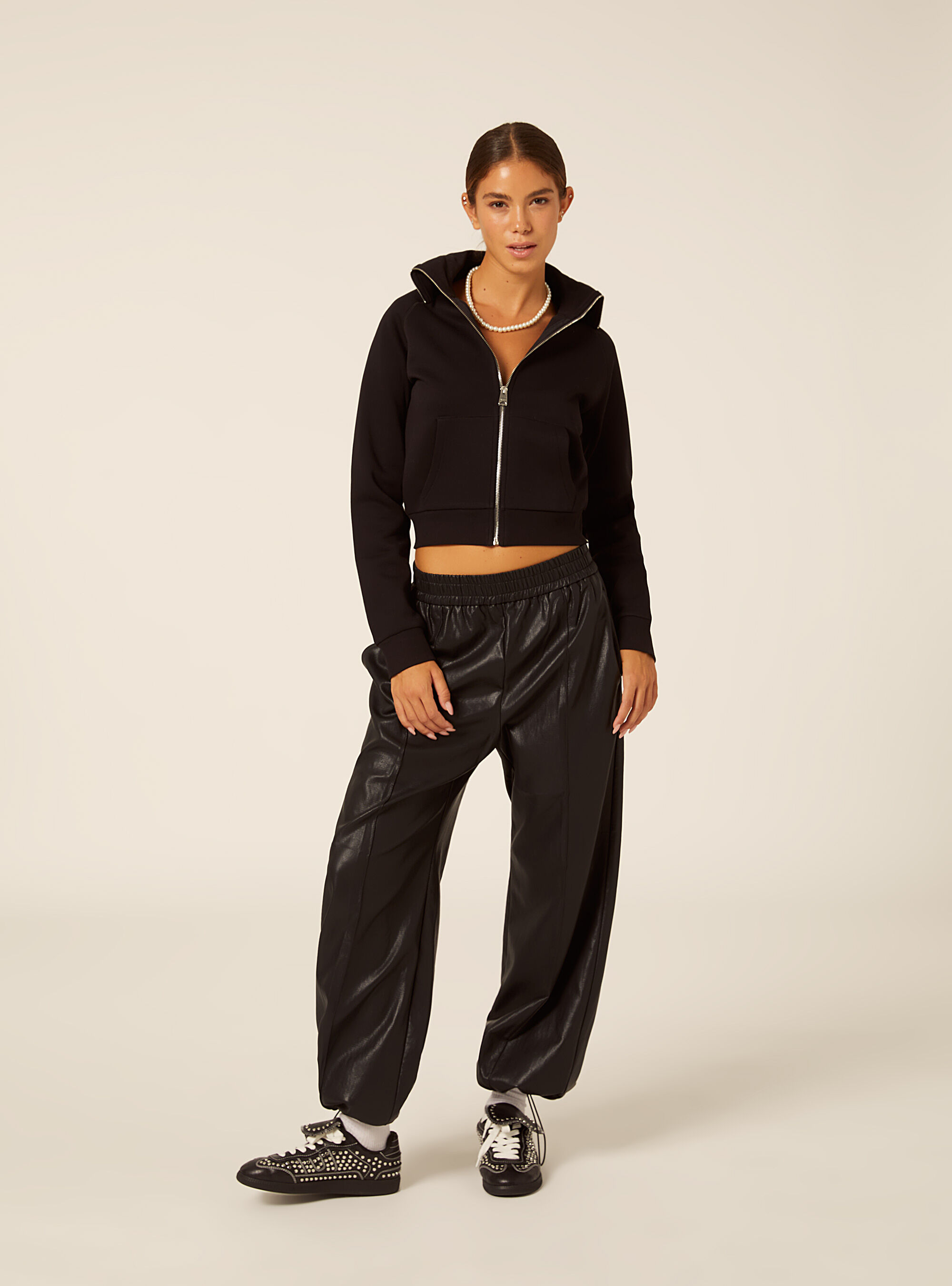 Cropped zip-up sweatshirt with high collar