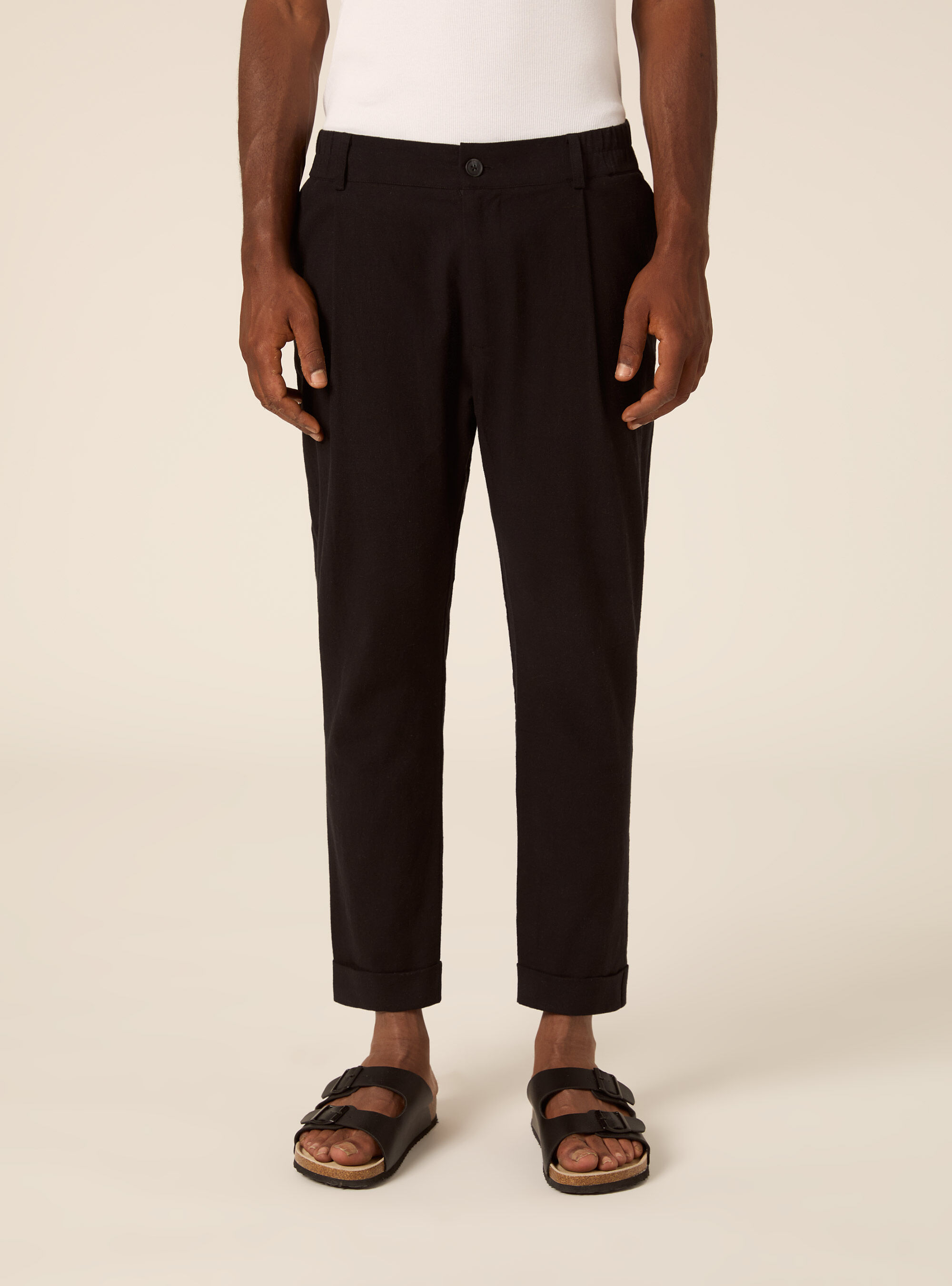 Pantalone con elastico in vita in misto lino, BK1 BLACK