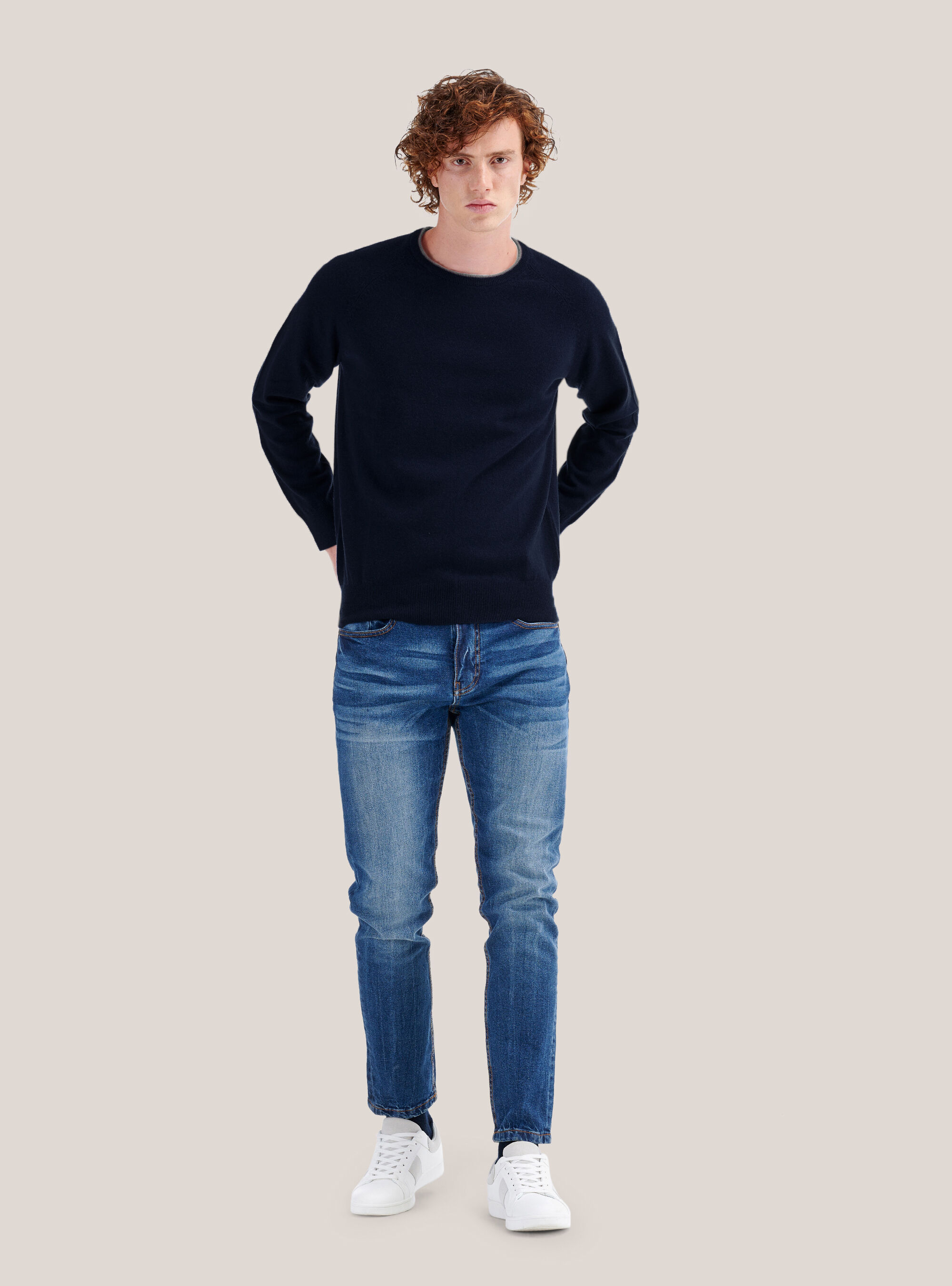 Round neck sweater with contrasting border, BLUE NAVY