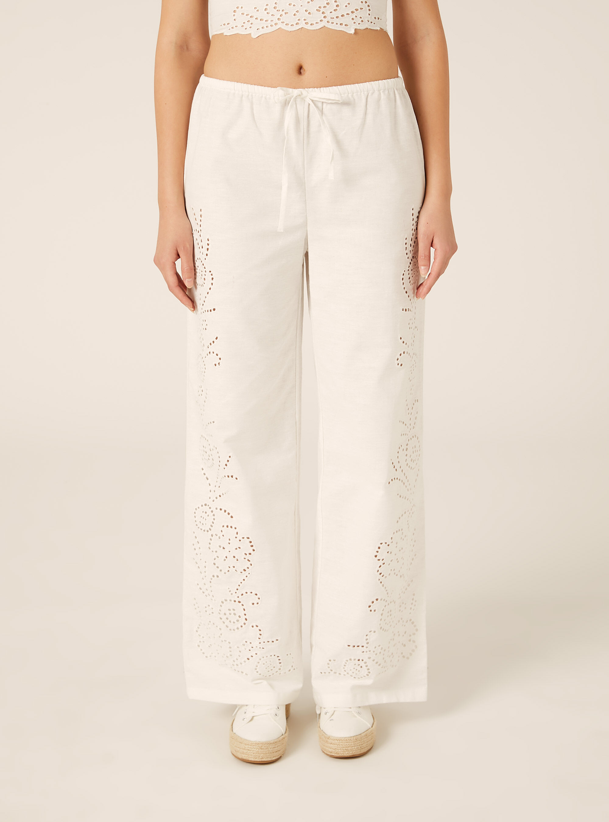 Pantaloni morbidi sangallo in misto lino, WH2 WHITE