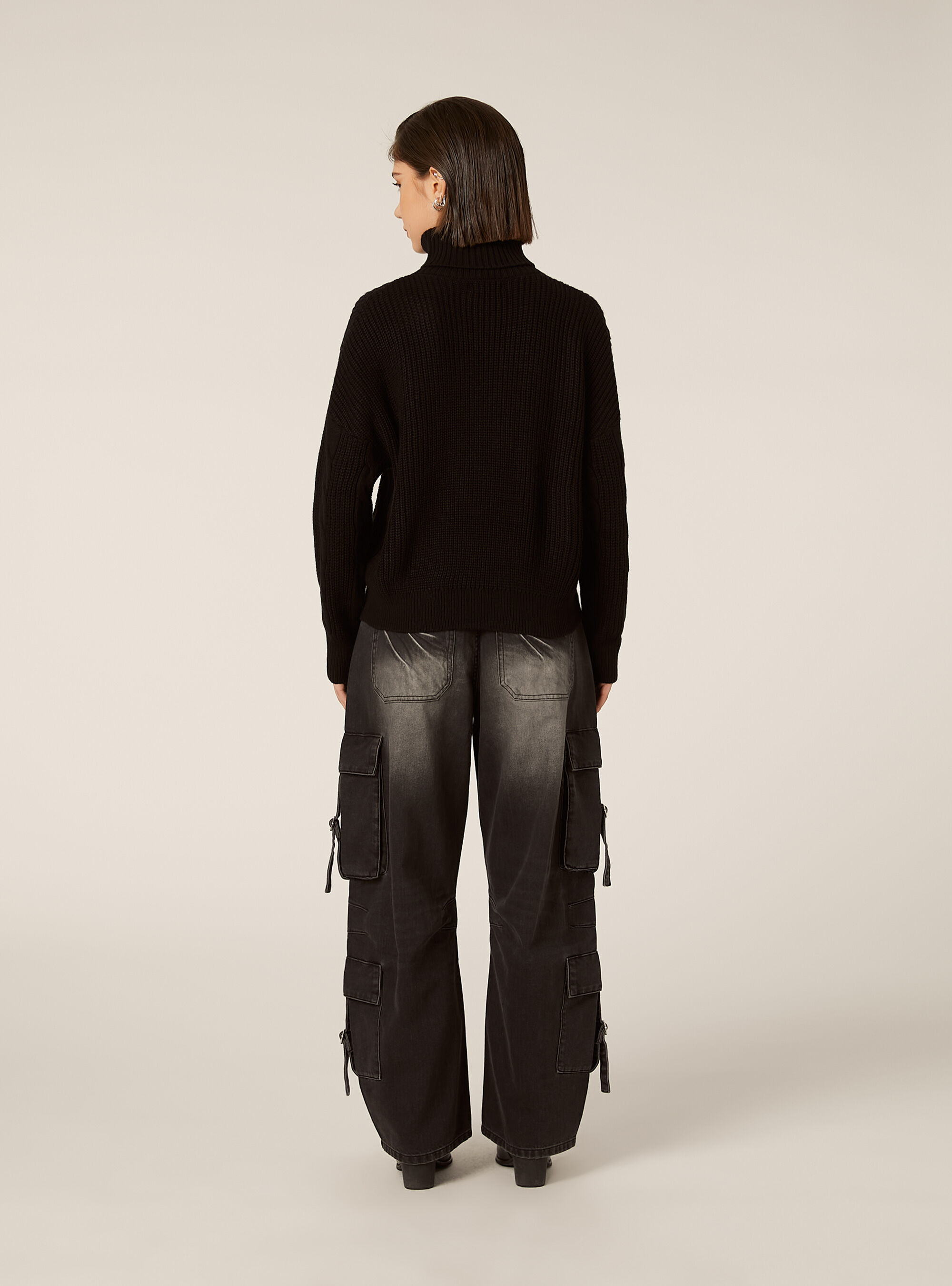 High-neck pullover with cable knit, BK1 BLACK