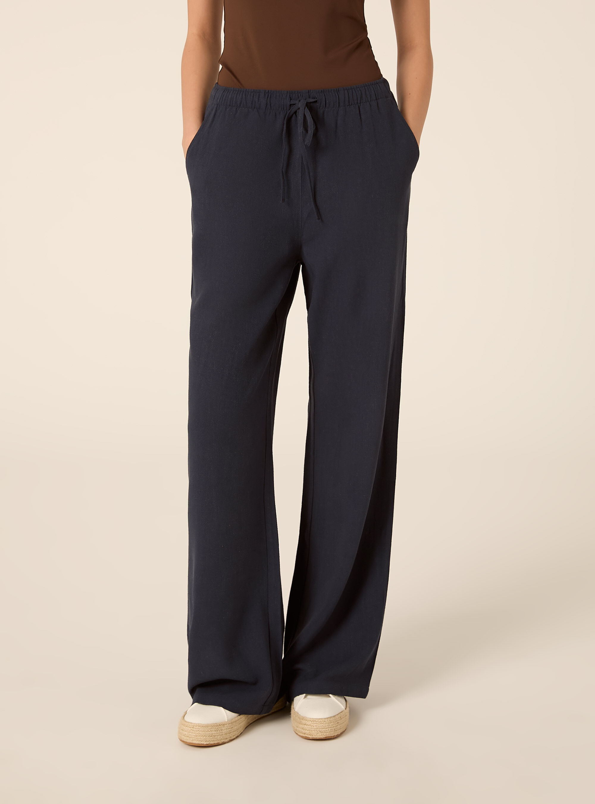 Pantaloni wide leg in misto lino, NA2 NAVY MEDIUM