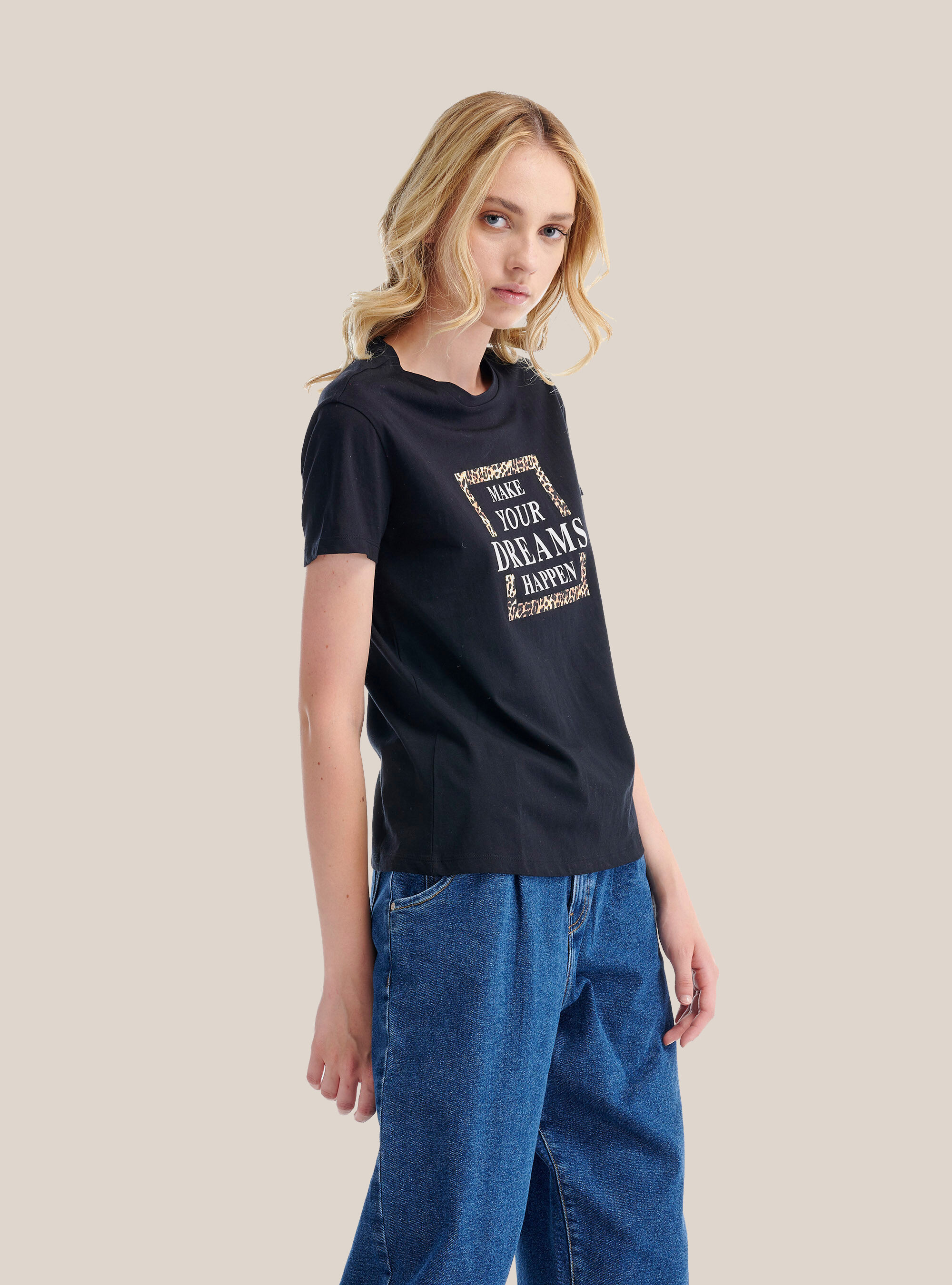 T-shirt en coton avec impression de lettres d'animaux, C101 BLACK