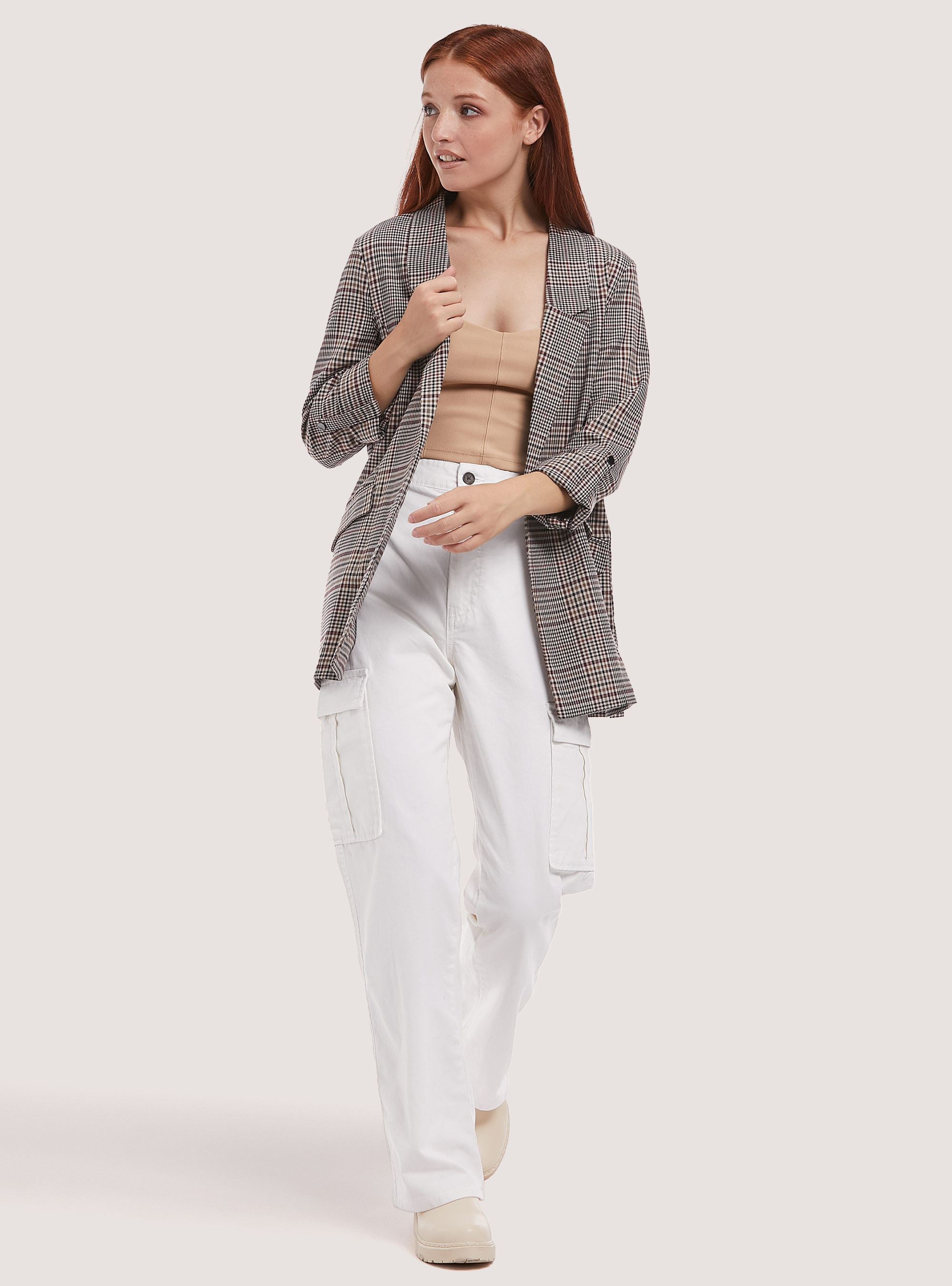 Plaid blazer with side pockets, CHECK BROWN
