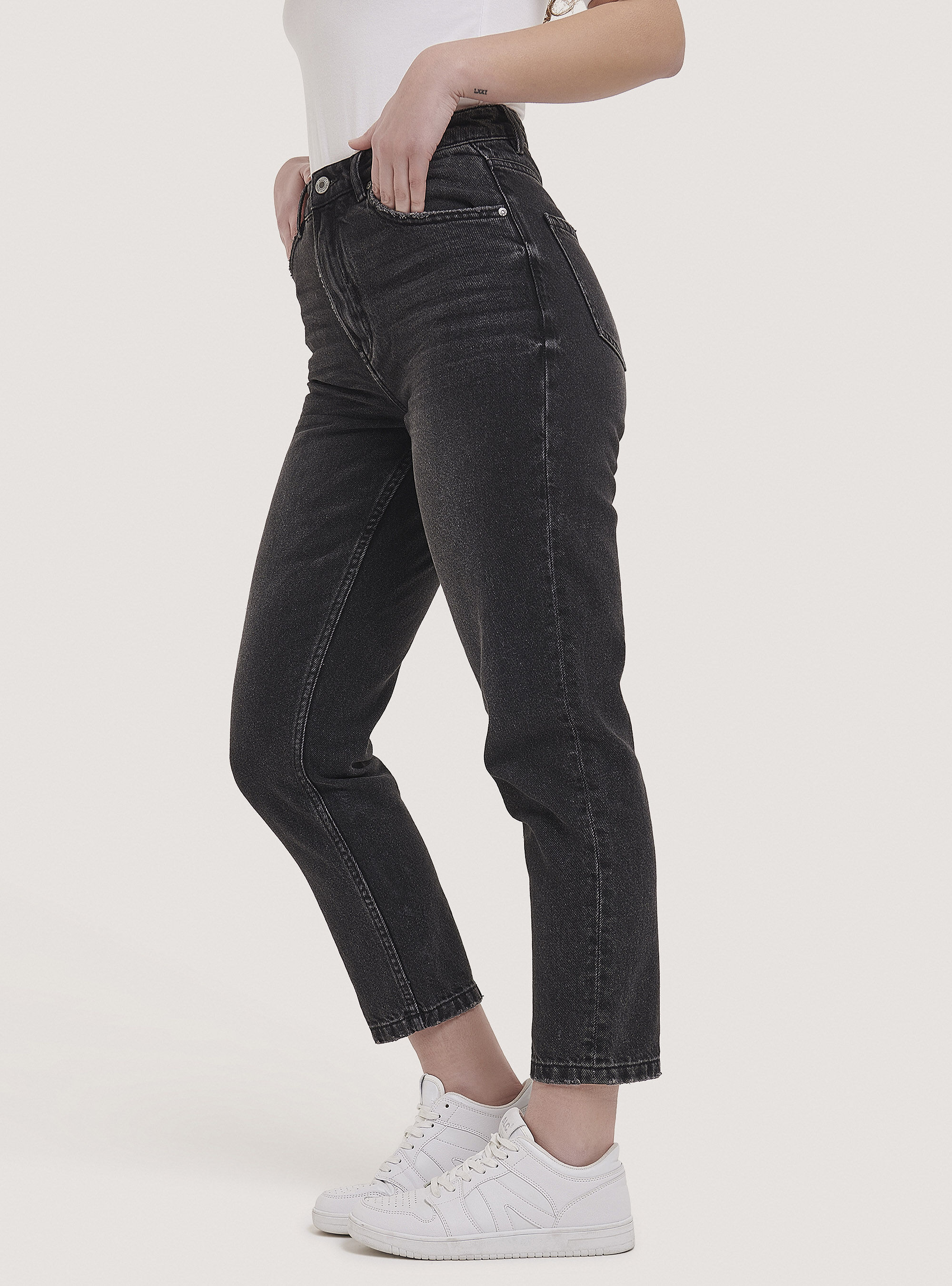 Cotton mom fit jeans, D000 BLACK