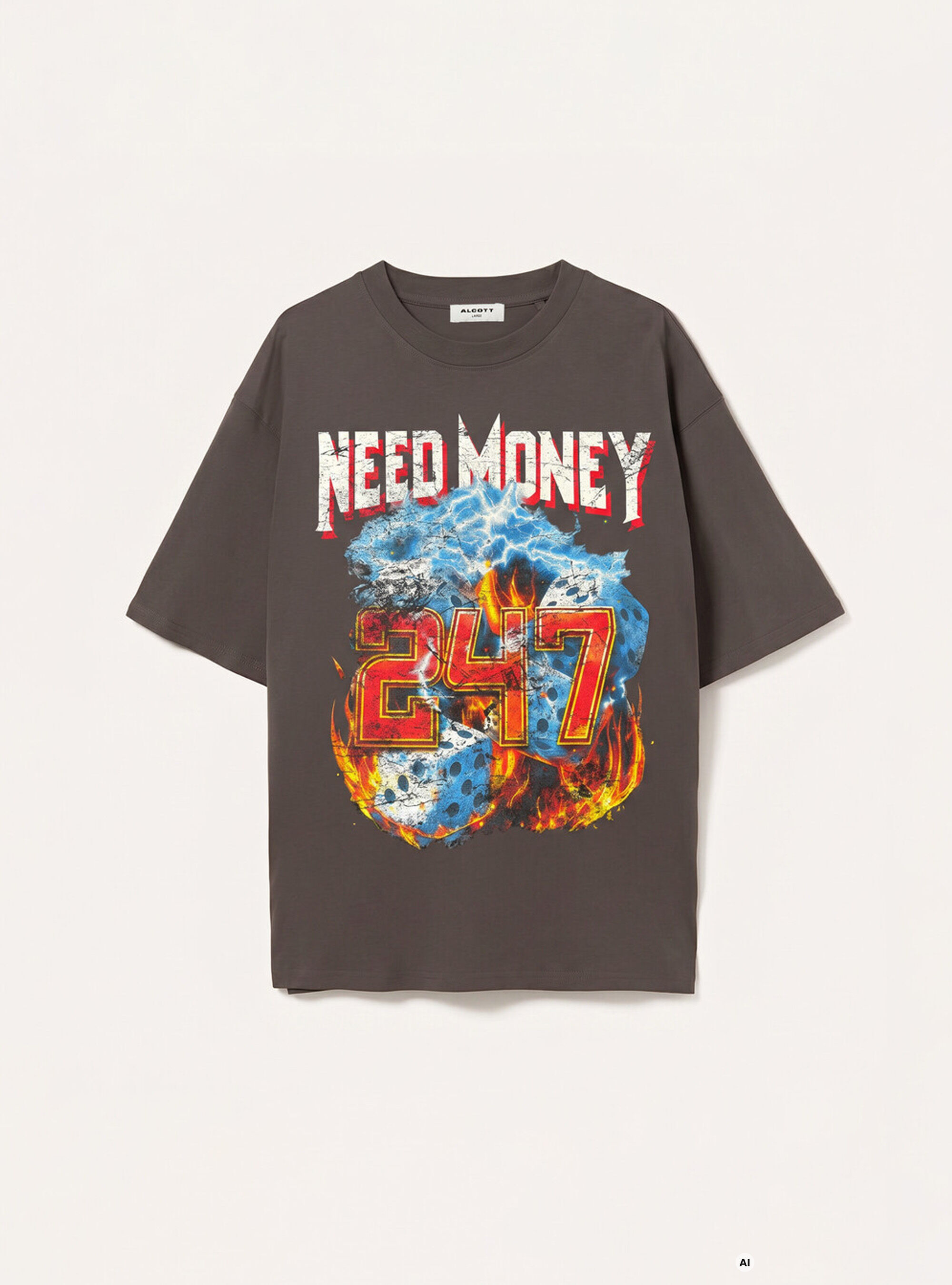 T-shirt  stampa need money 247, GRIGIO SCURO