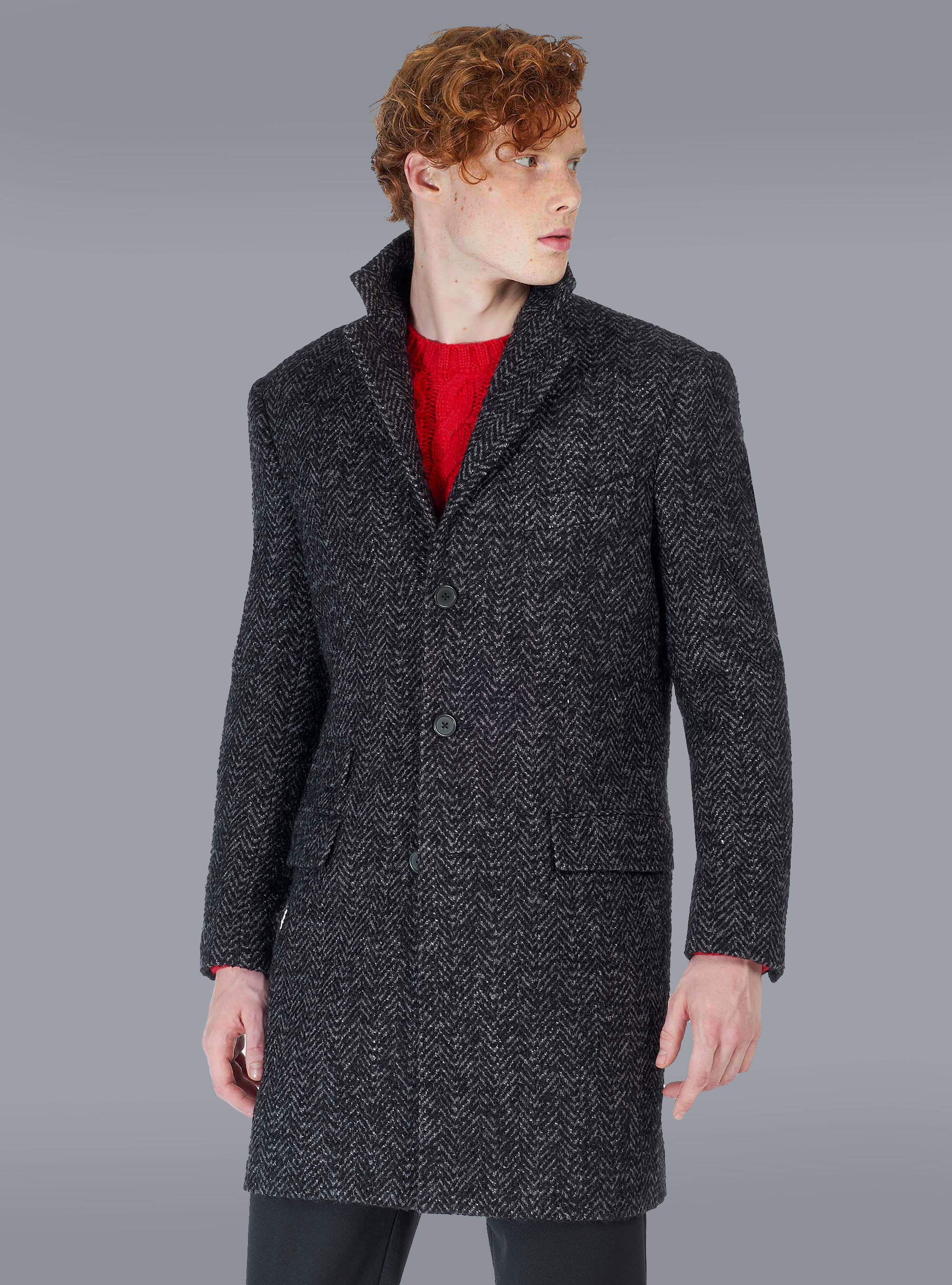 Cappotto spigato misto lana, GRIGIO MELANGE