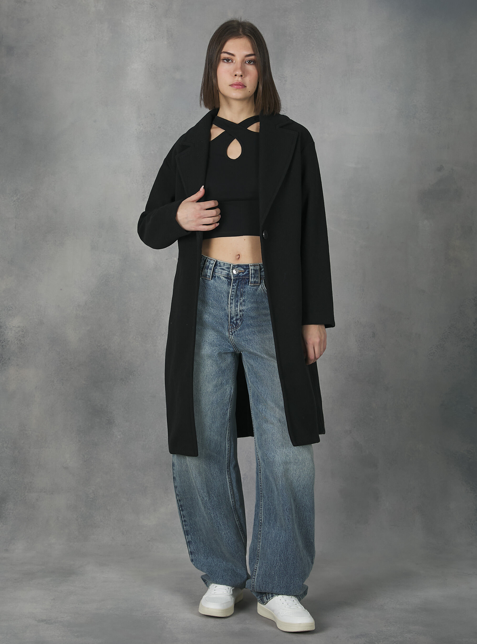 Plain-coloured gauze knit coat, BK1 BLACK