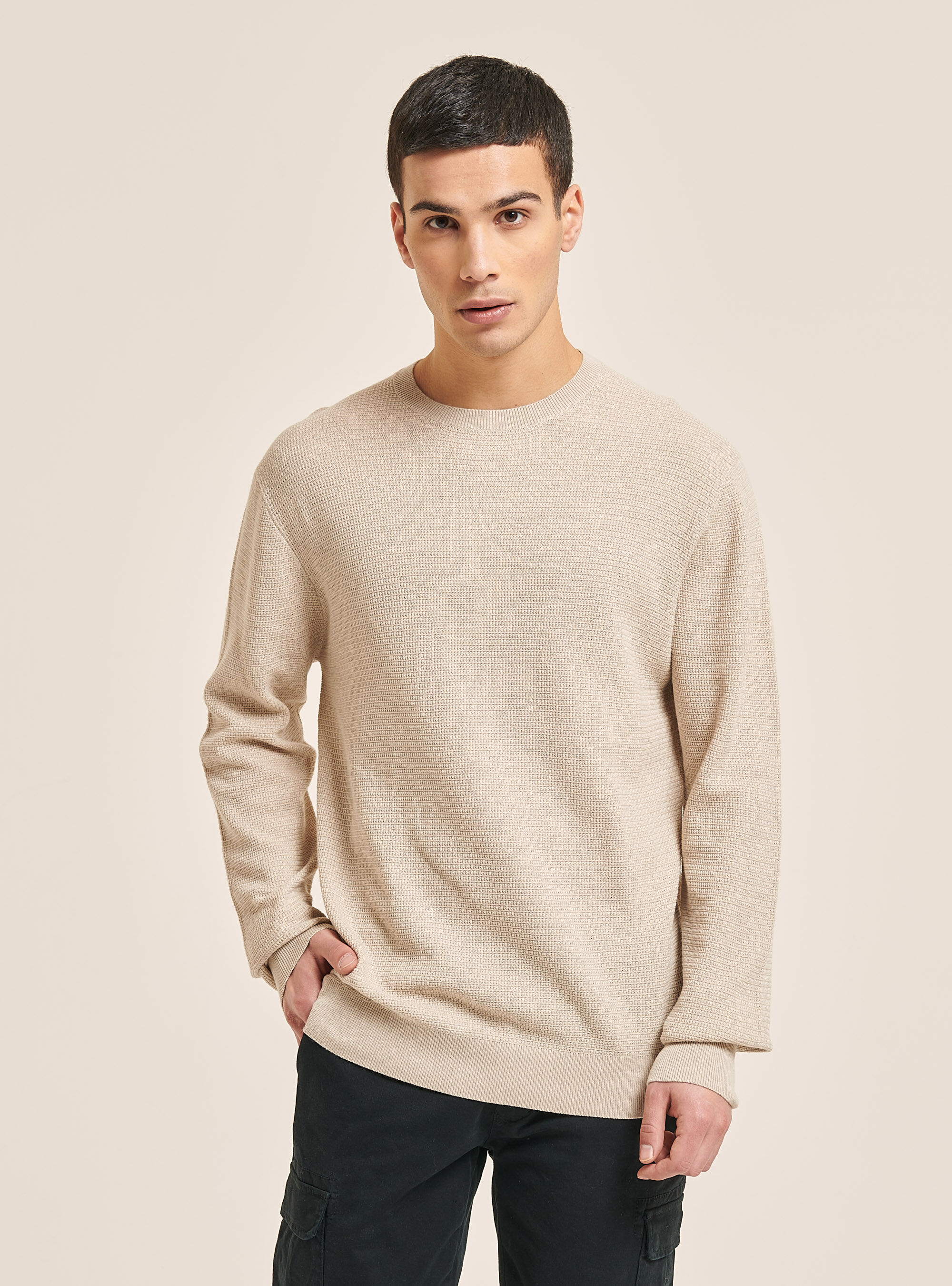 Textured cotton crew neck pullover, BG3 BEIGE LIGHT
