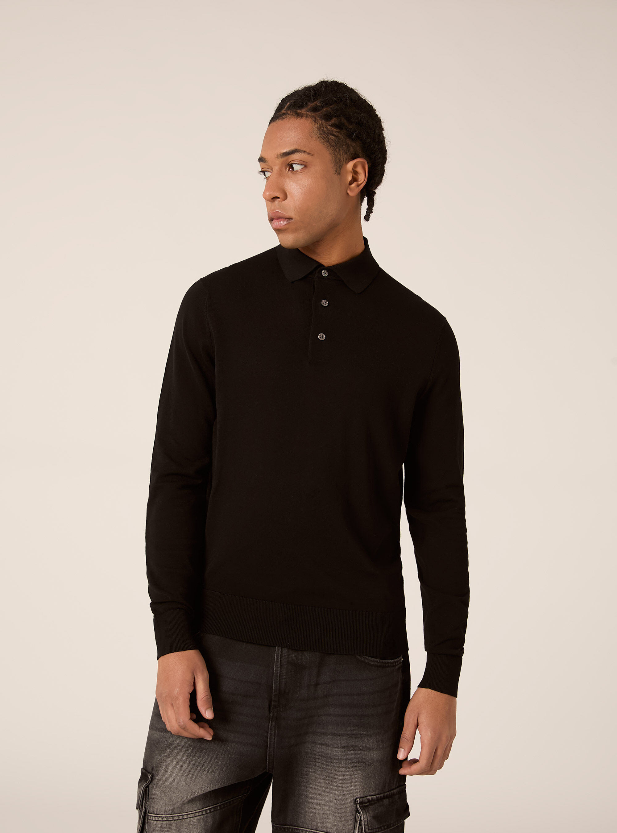 Polo &agrave; manches longues en coton, BK1 BLACK