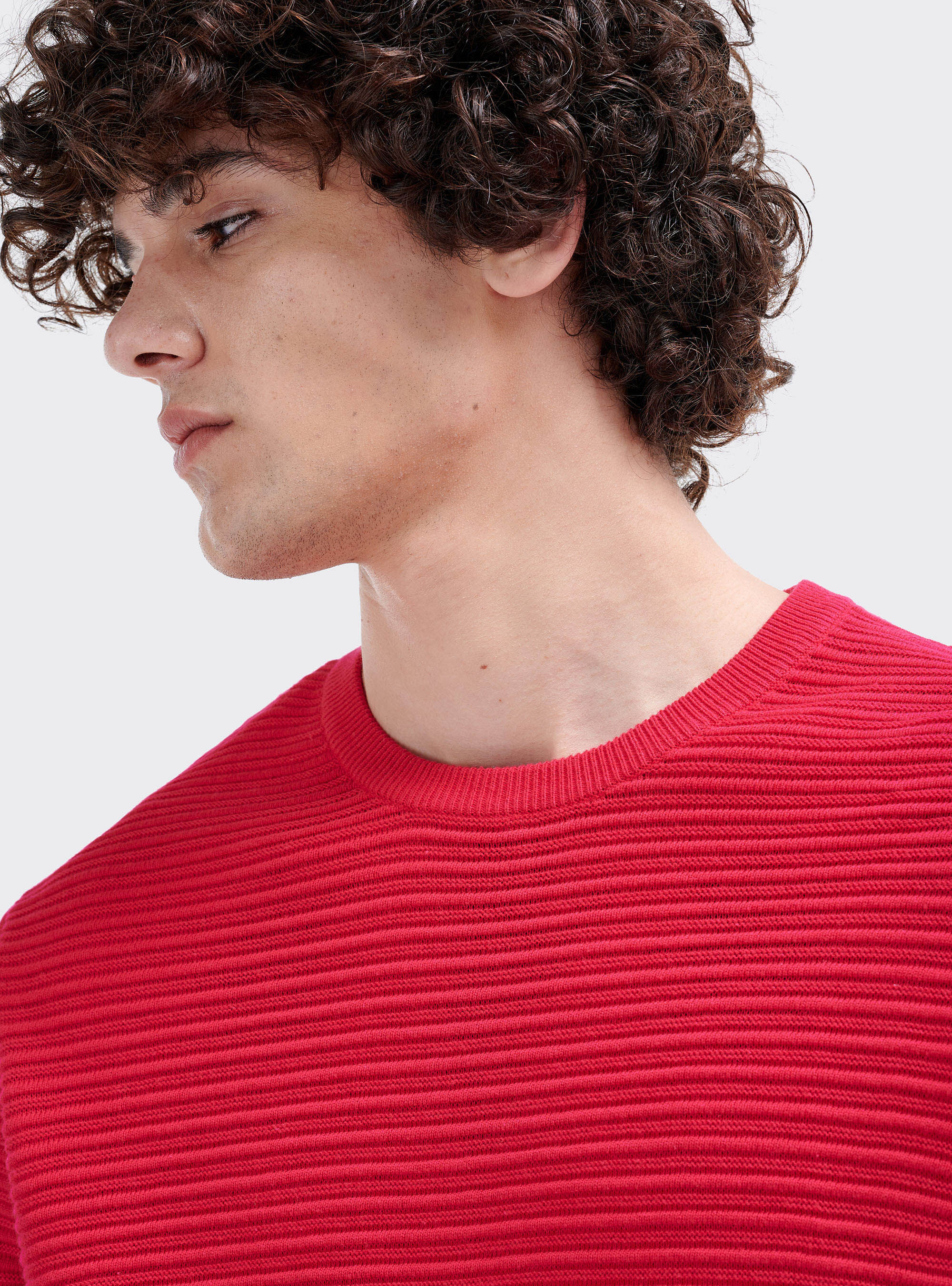 Basic crew neck structured knit sweater, FUXIA