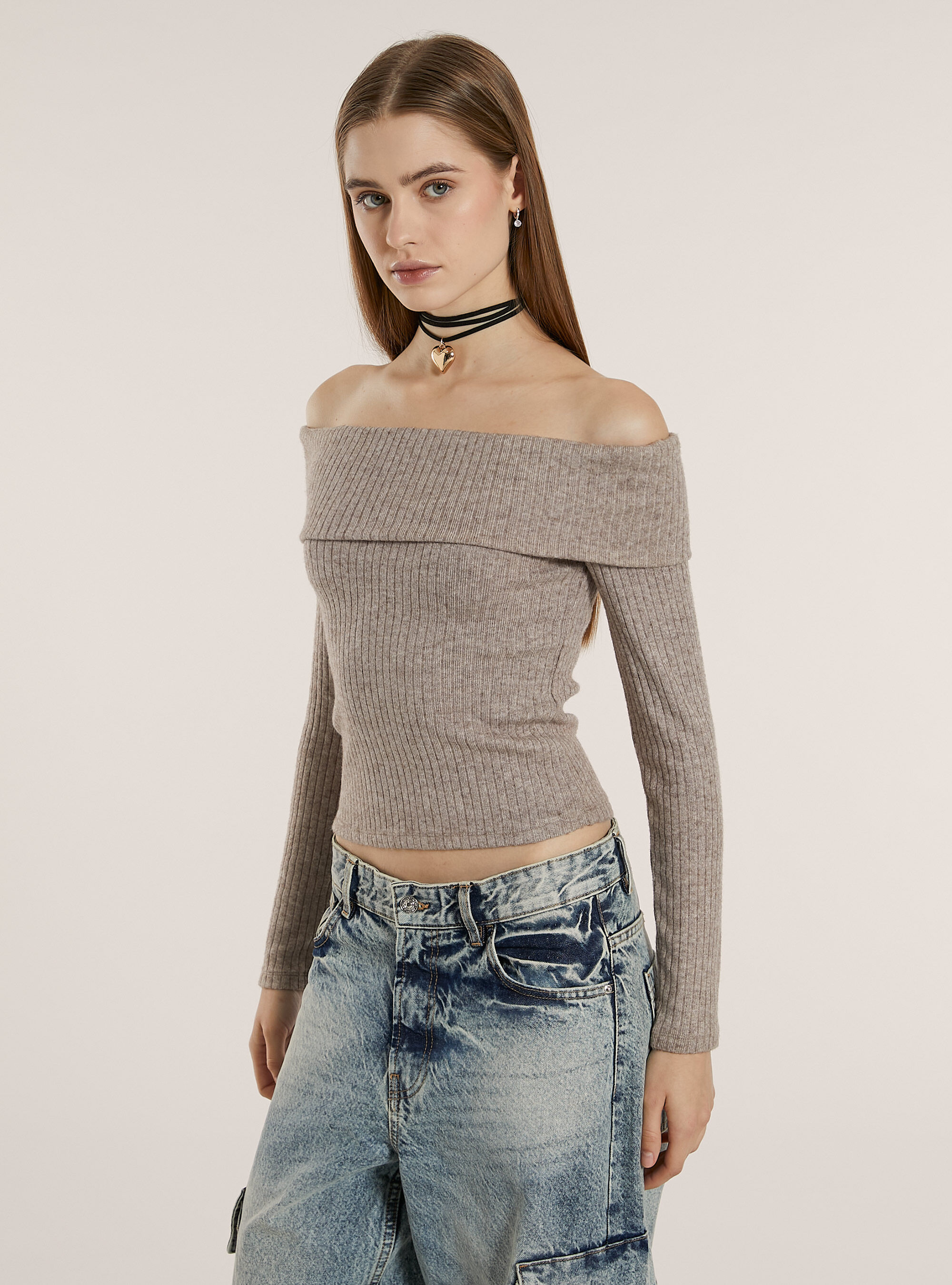 Jersey con escote bardot de canal&eacute;, MBG2 BEIGE MEL MED