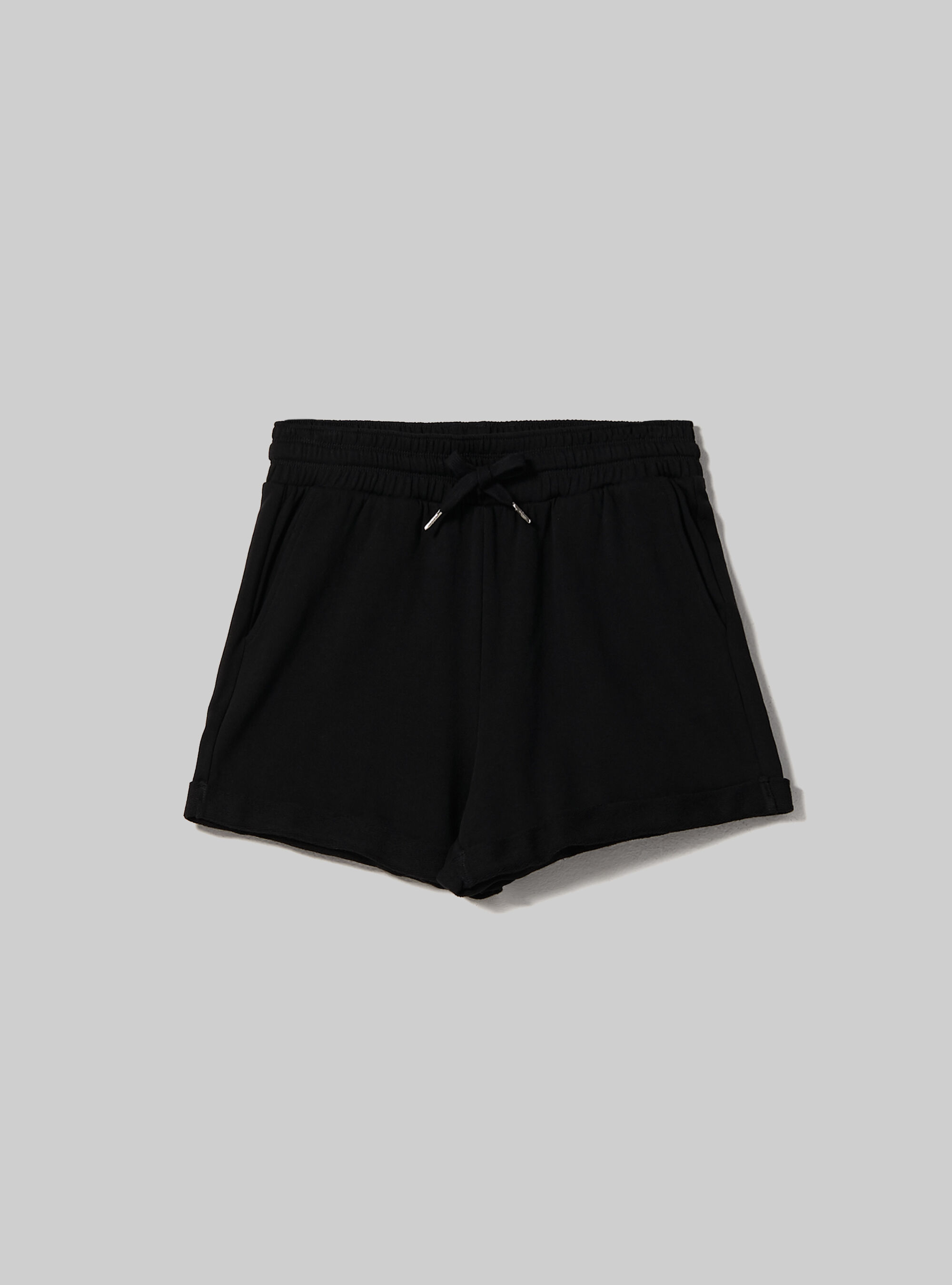 Short en coton avec revers et cordons de serrage, C101 BLACK