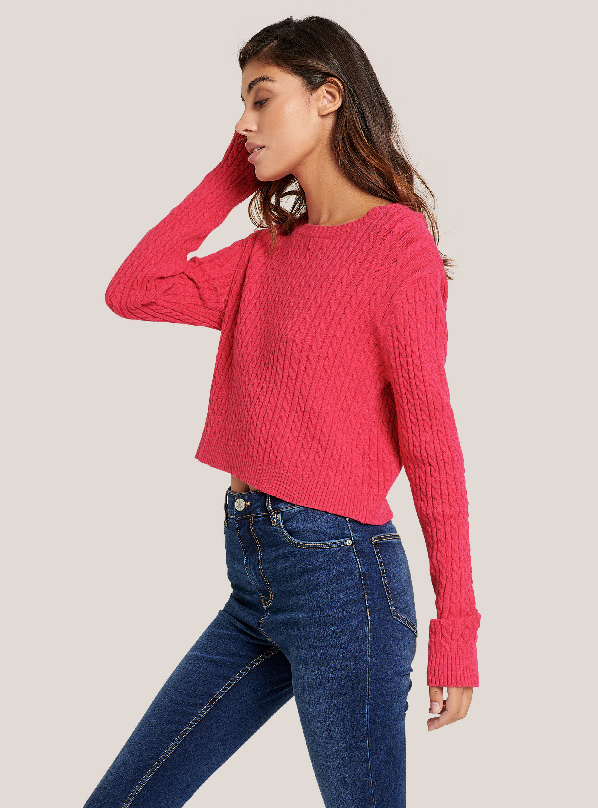 Gek&uuml;rzter Pullover mit Soft-Touch-Borten, C448 FUXIA