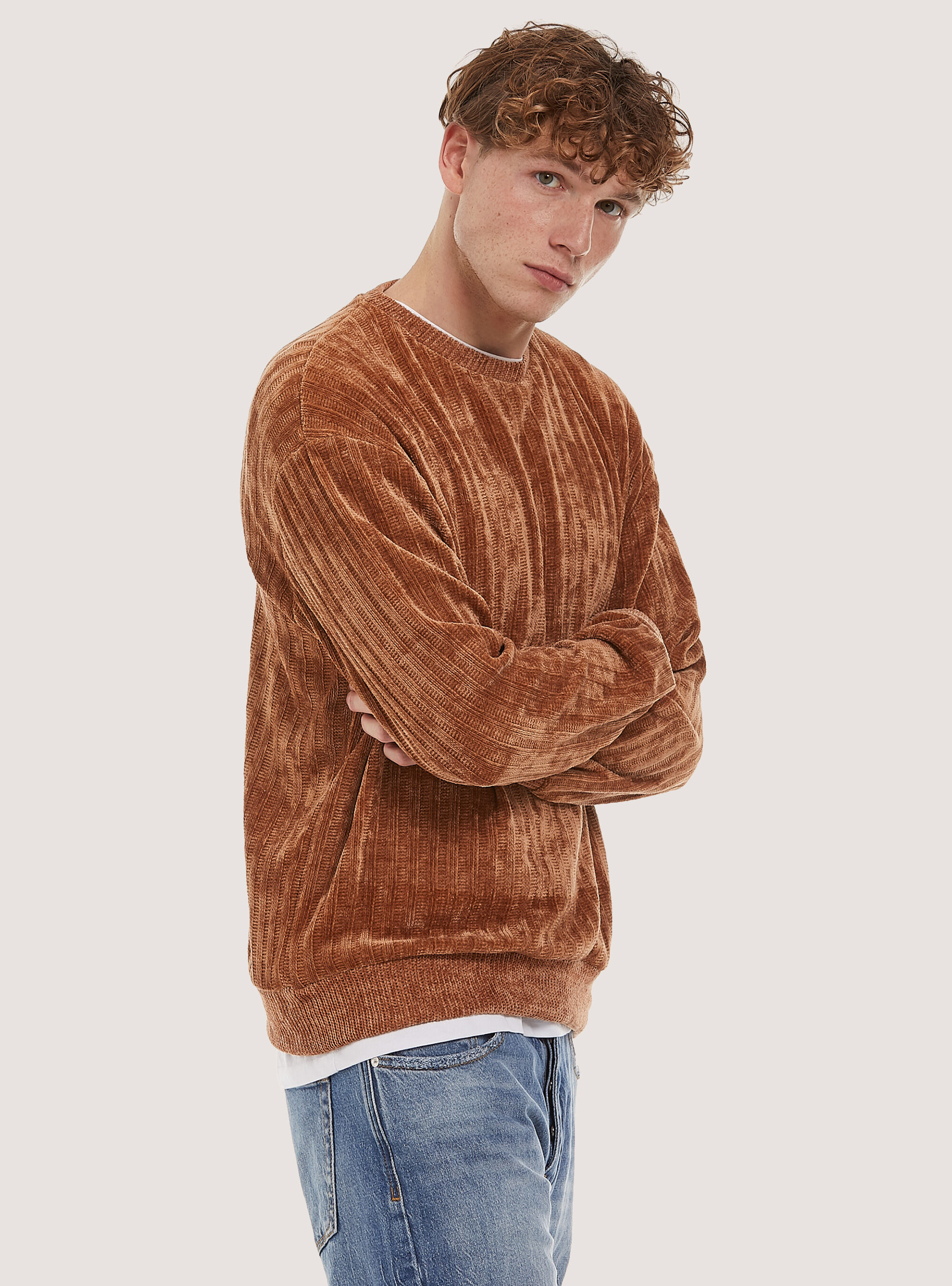 Pullover in soffice ciniglia a coste, TB1 TOBACCO DARK