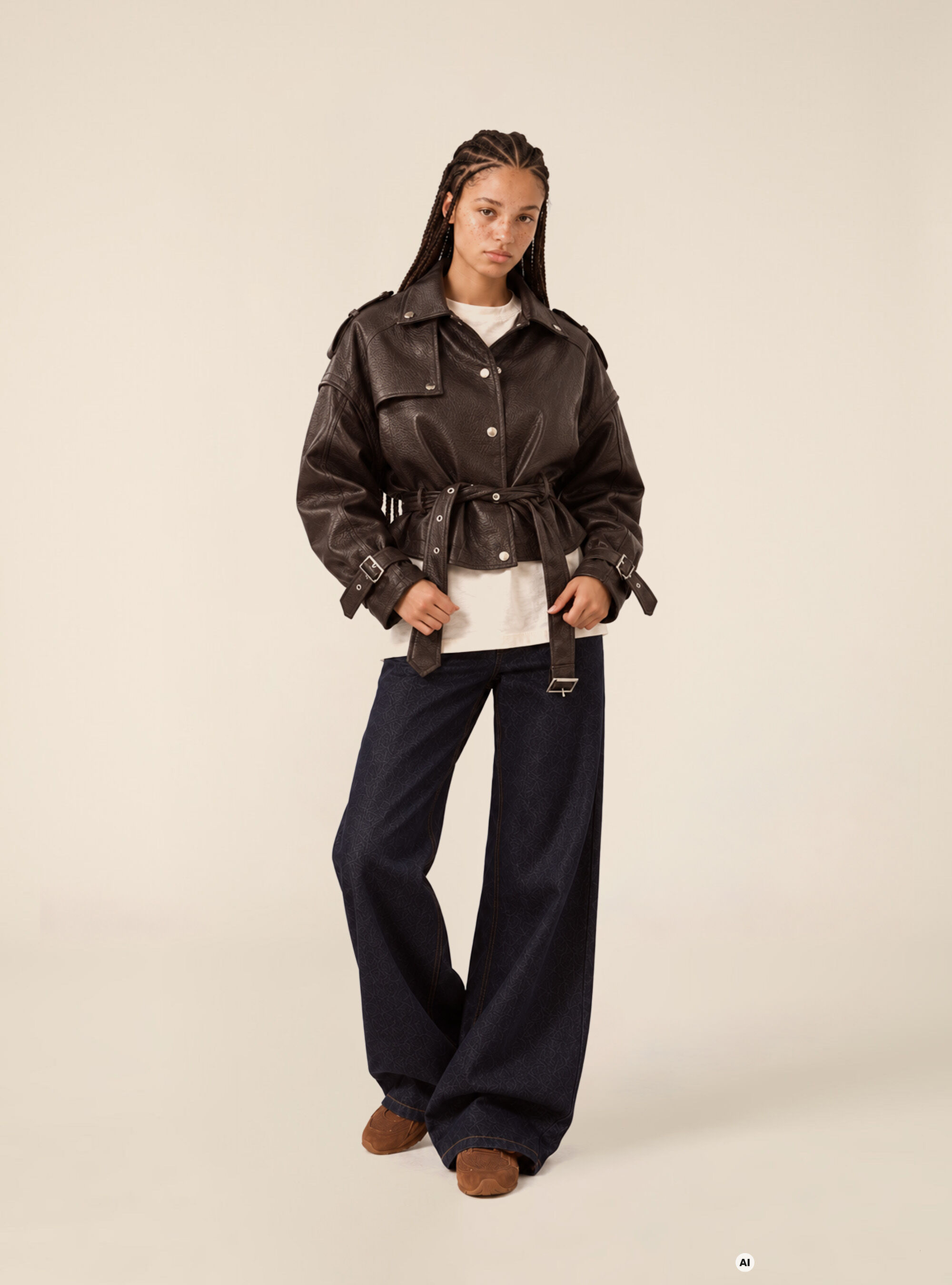 Cropped faux leather trench jacket with belt
