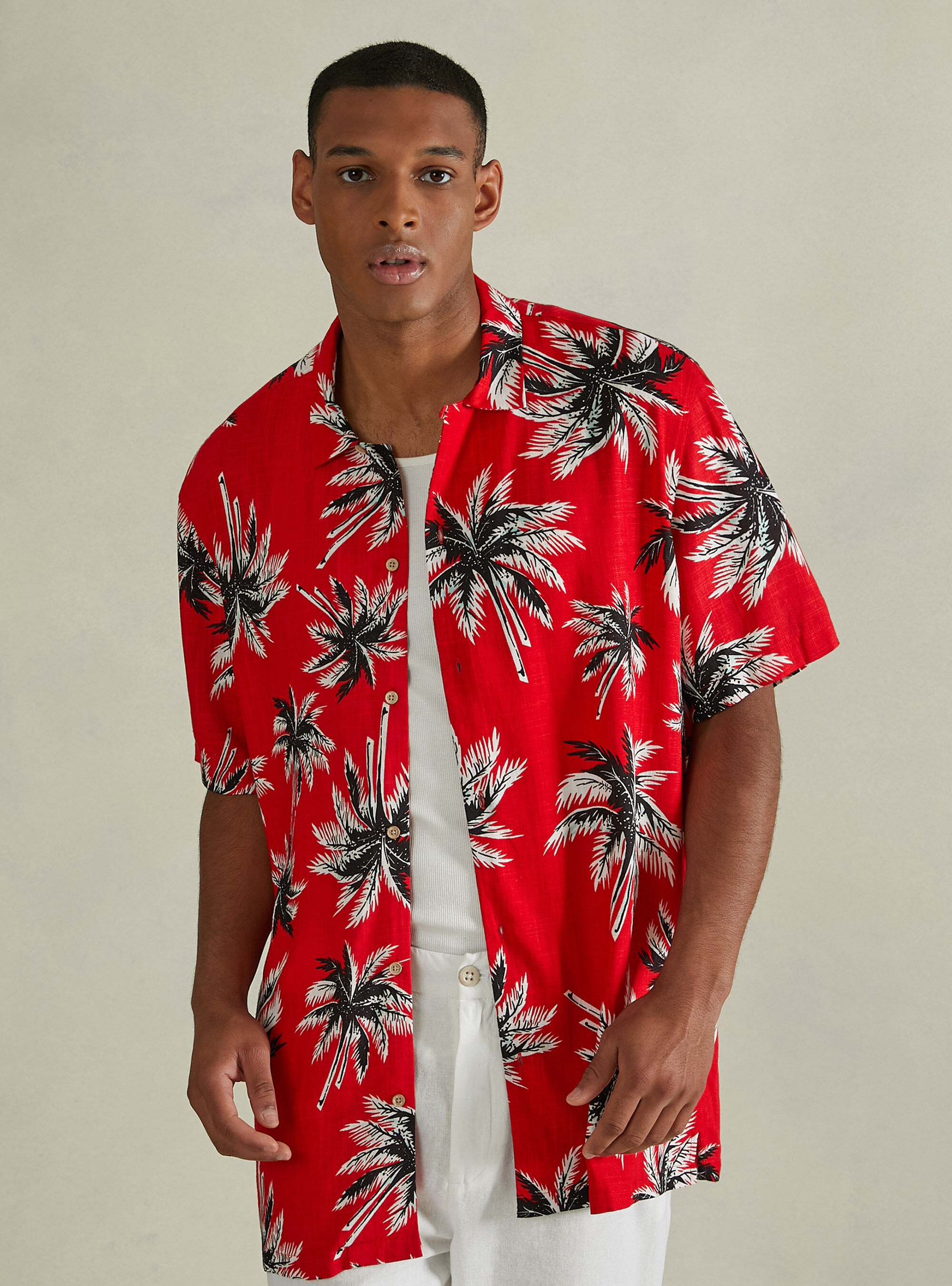 Linen blend shirt with tropical print, RD1 RED DARK