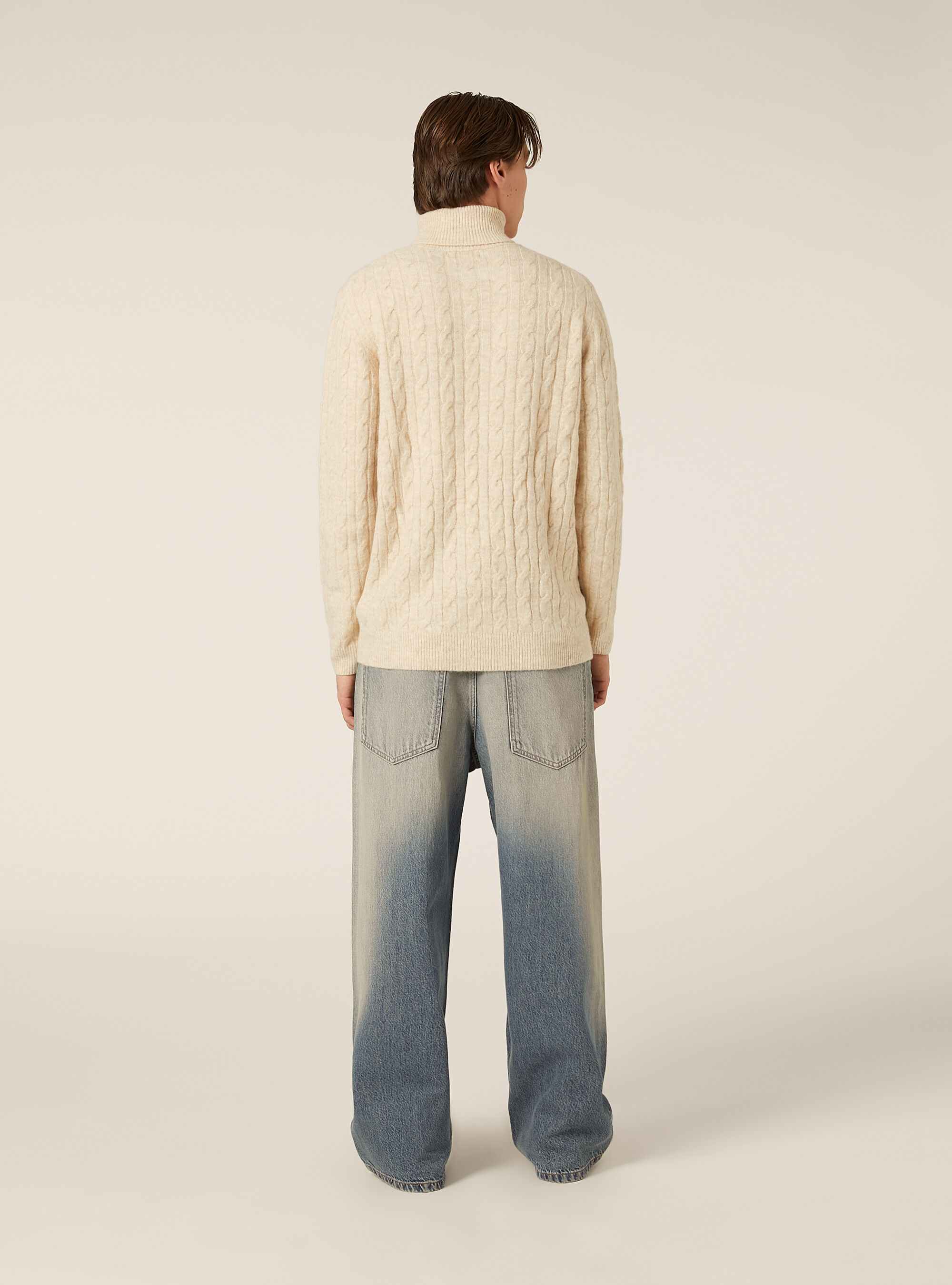 High-neck pullover with cable knit, MBG3 BEIGE MEL LIGHT