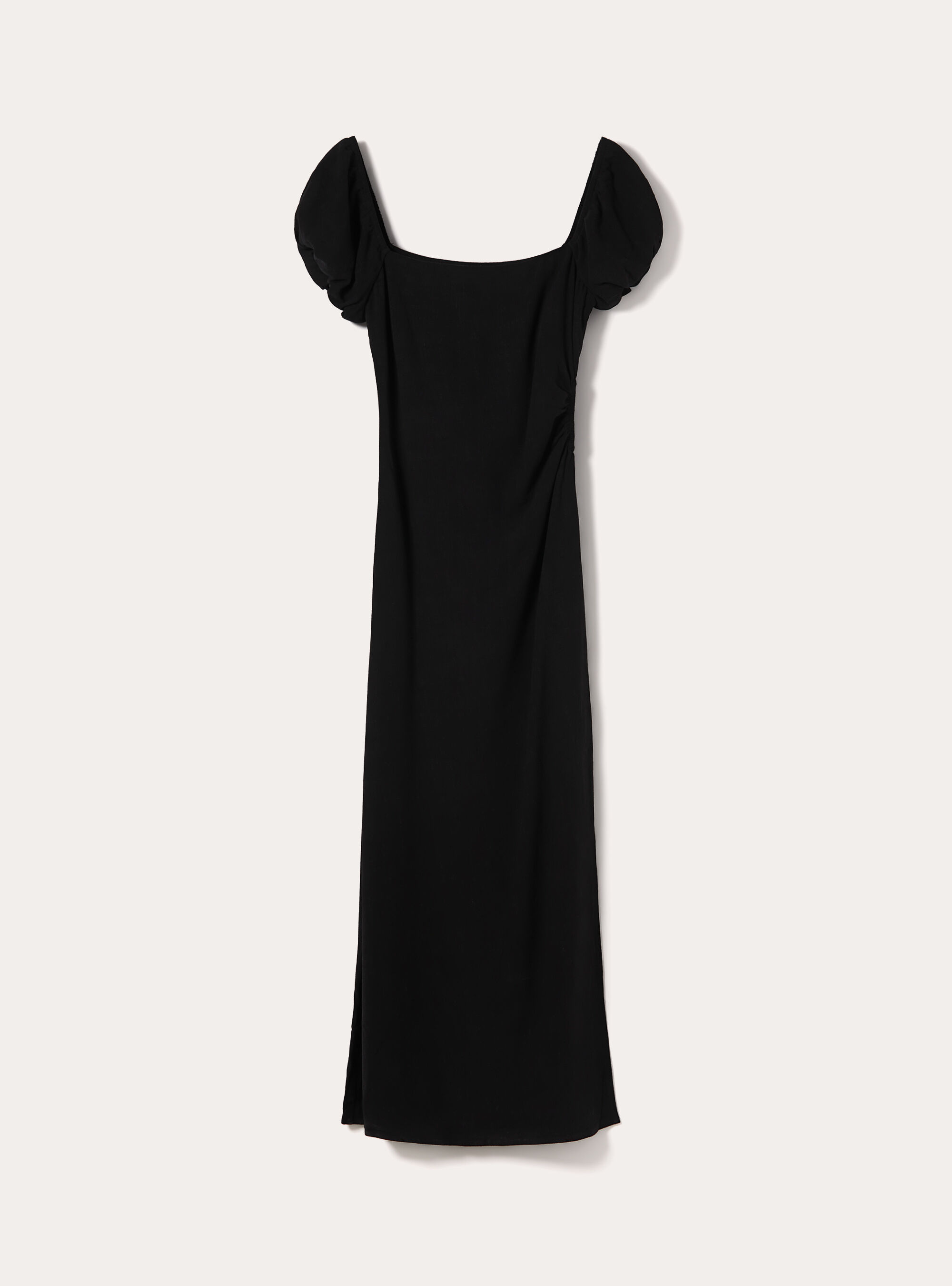 Abito lungo in misto lino con maniche a palloncino, BK1 BLACK