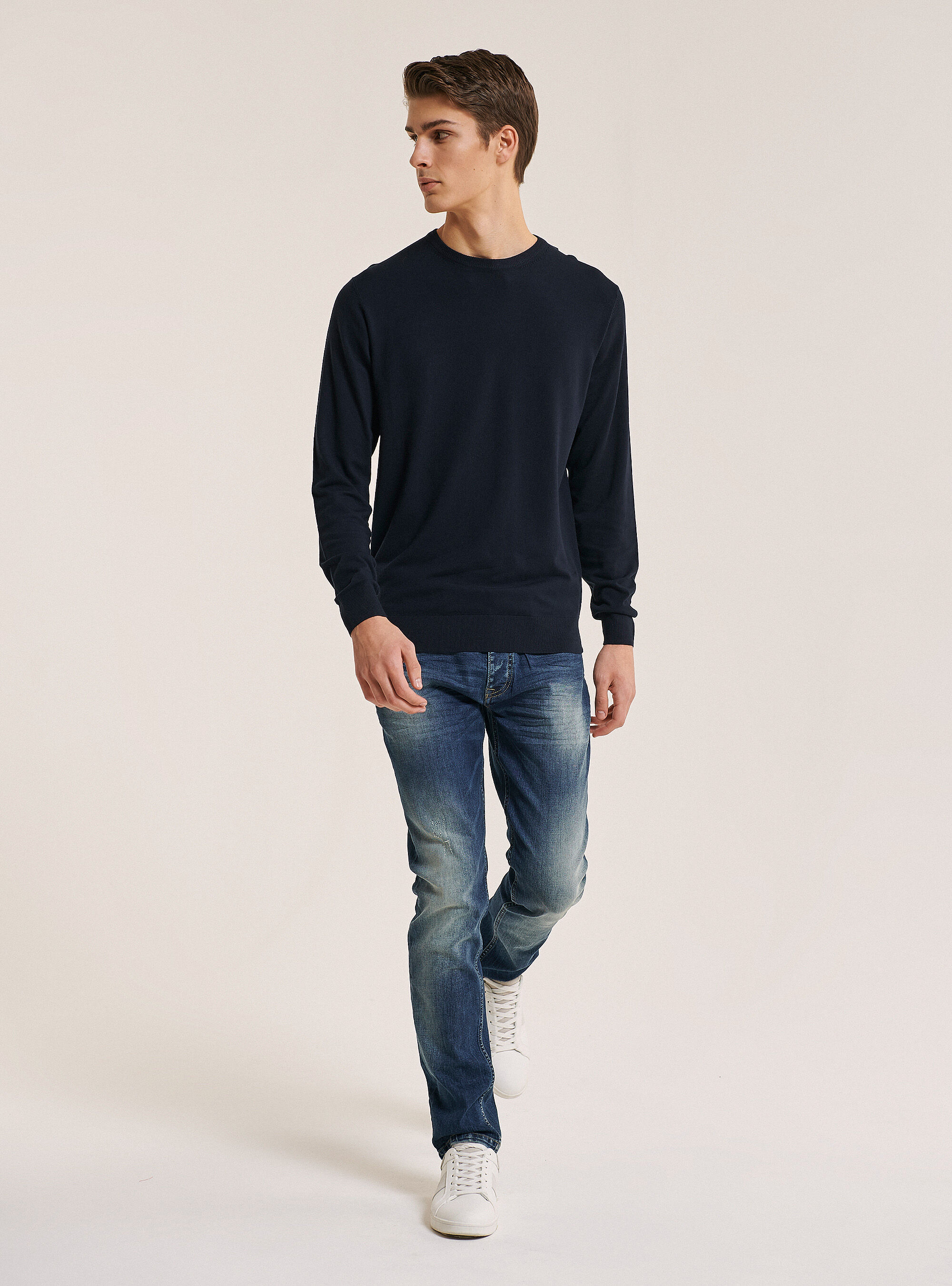 Jersey de cuello redondo de color s&oacute;lido, AZUL MARINO