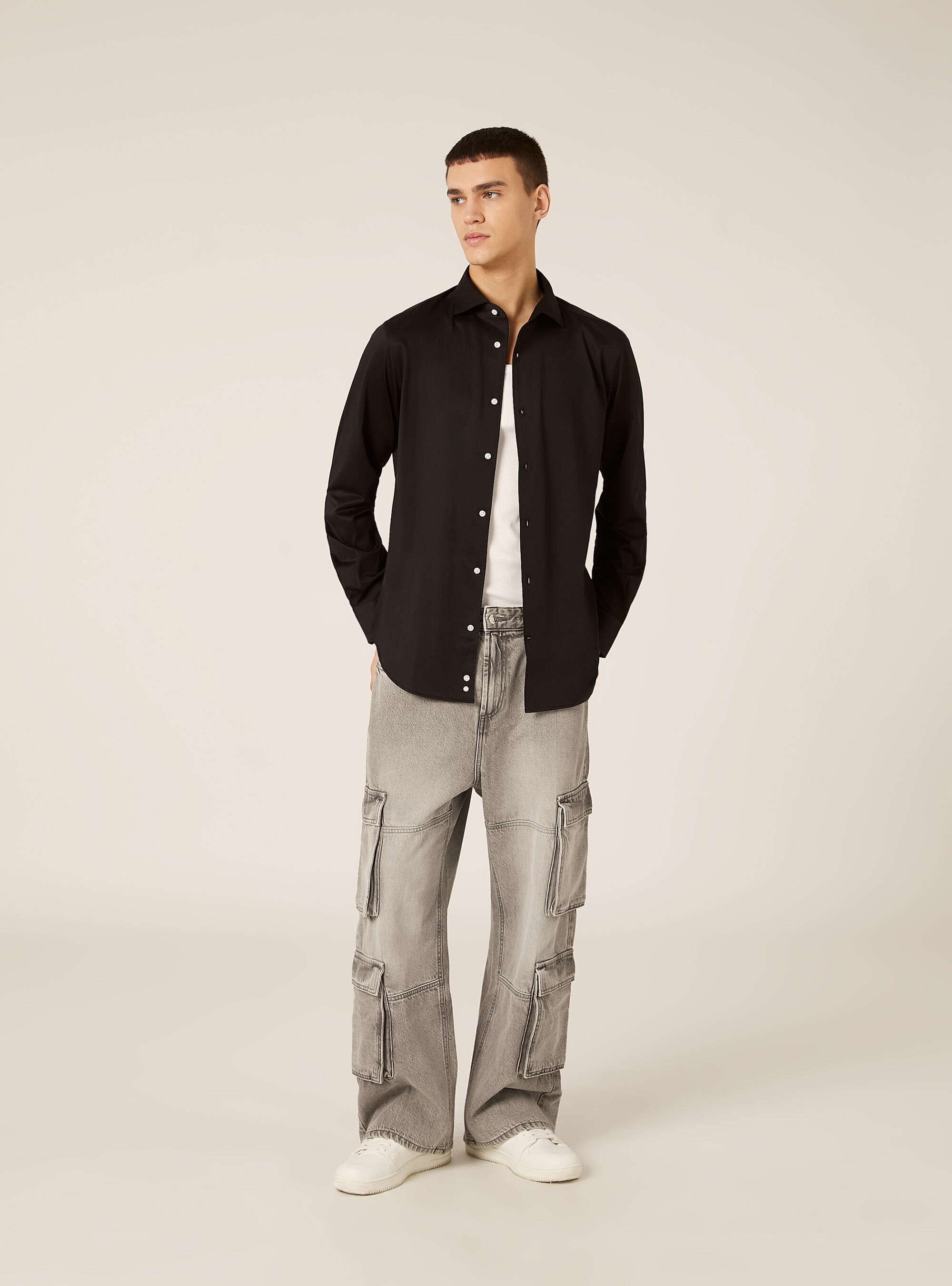 Camicia in jersey in misto cotone, BK1 BLACK