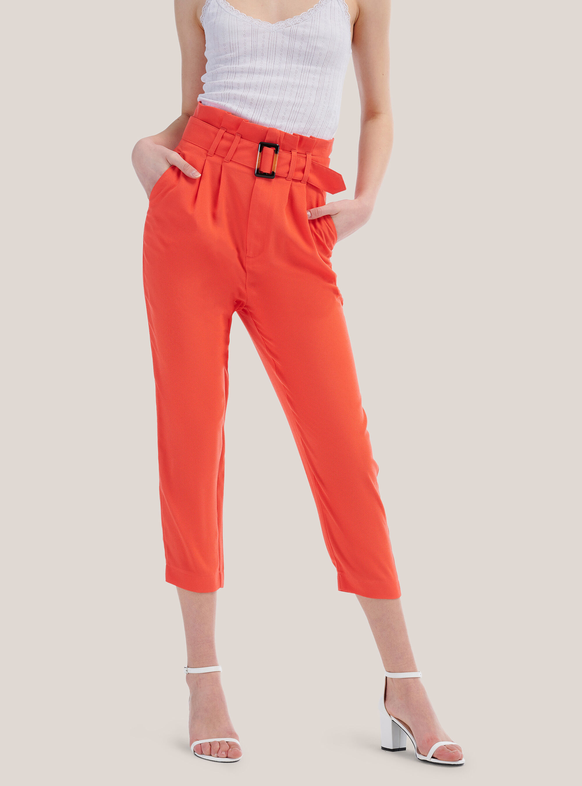 Pantalon paperbag avec ceinture coupe confort, C3382 DARK ORANGE