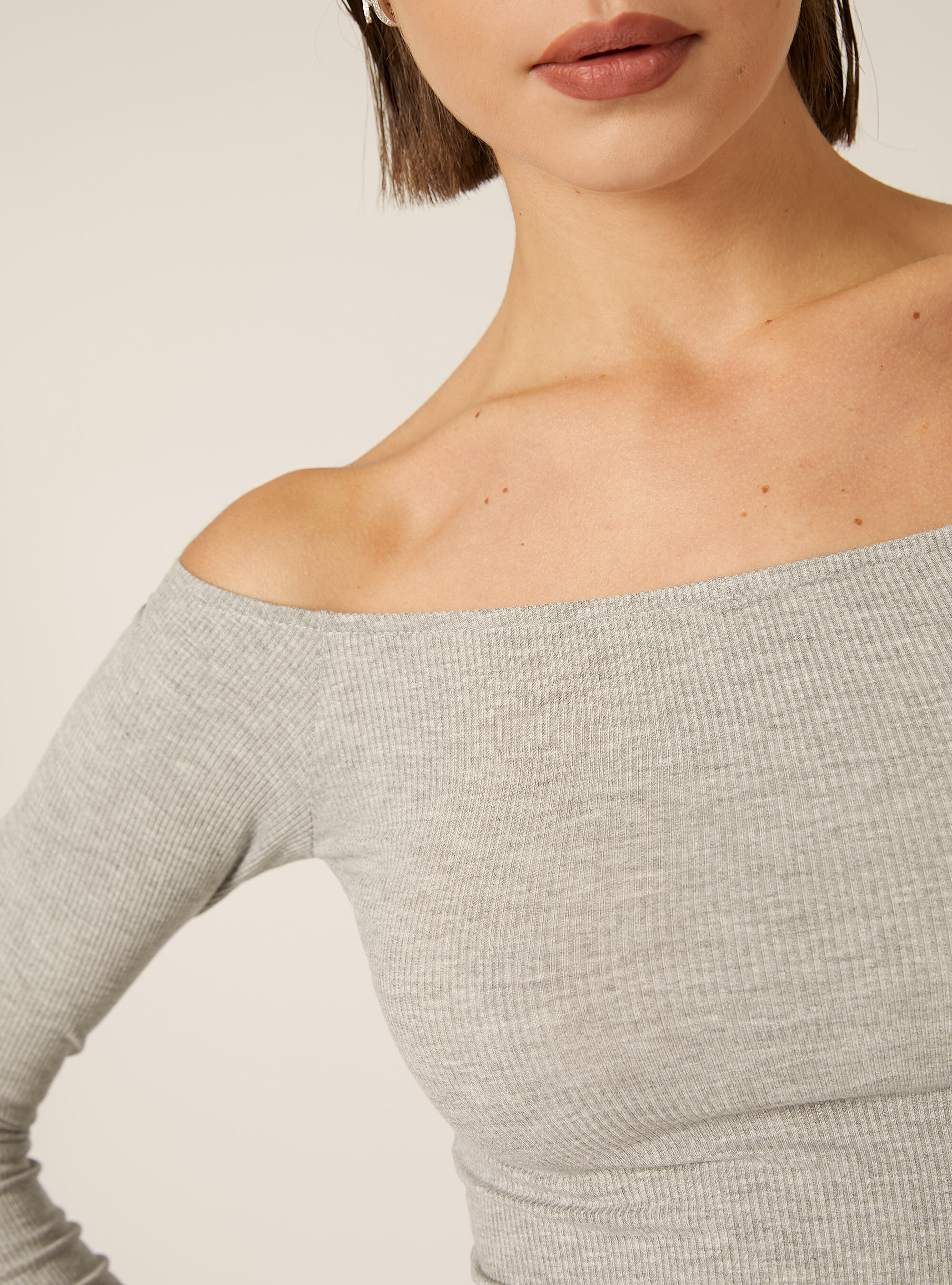 Maglia maniche lunghe scollo bardot, MGY3 GREY MEL LIGHT