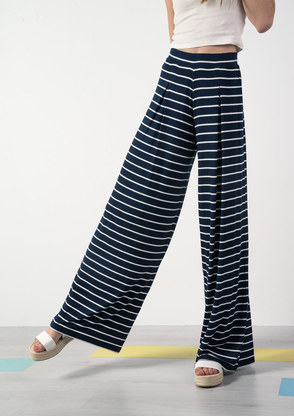 Pantaloni gamba ampia tessuto elasticizzato stampa a righe, AZUL MARINO