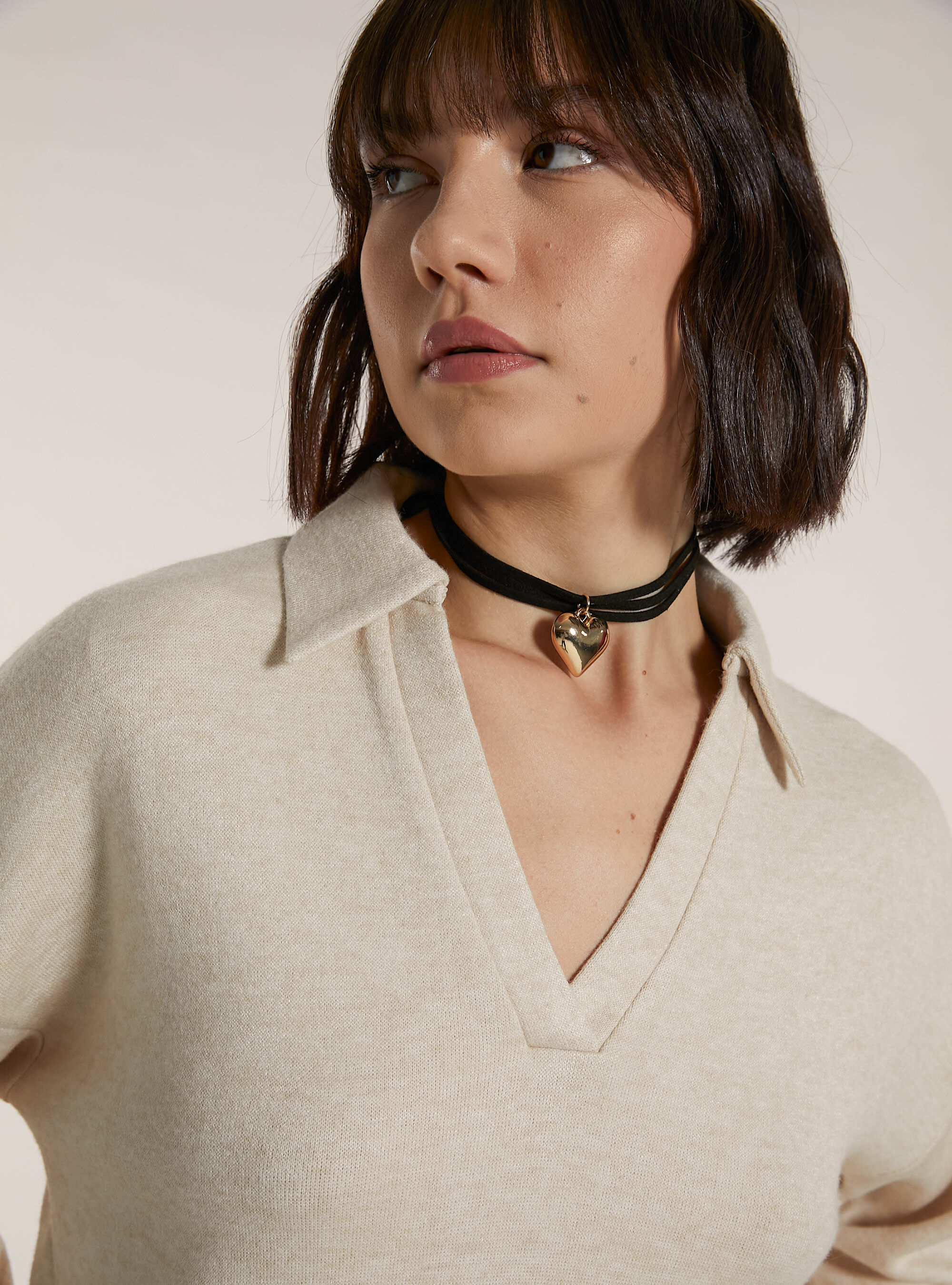 Pullover soft touch con collo polo, BG3 BEIGE LIGHT