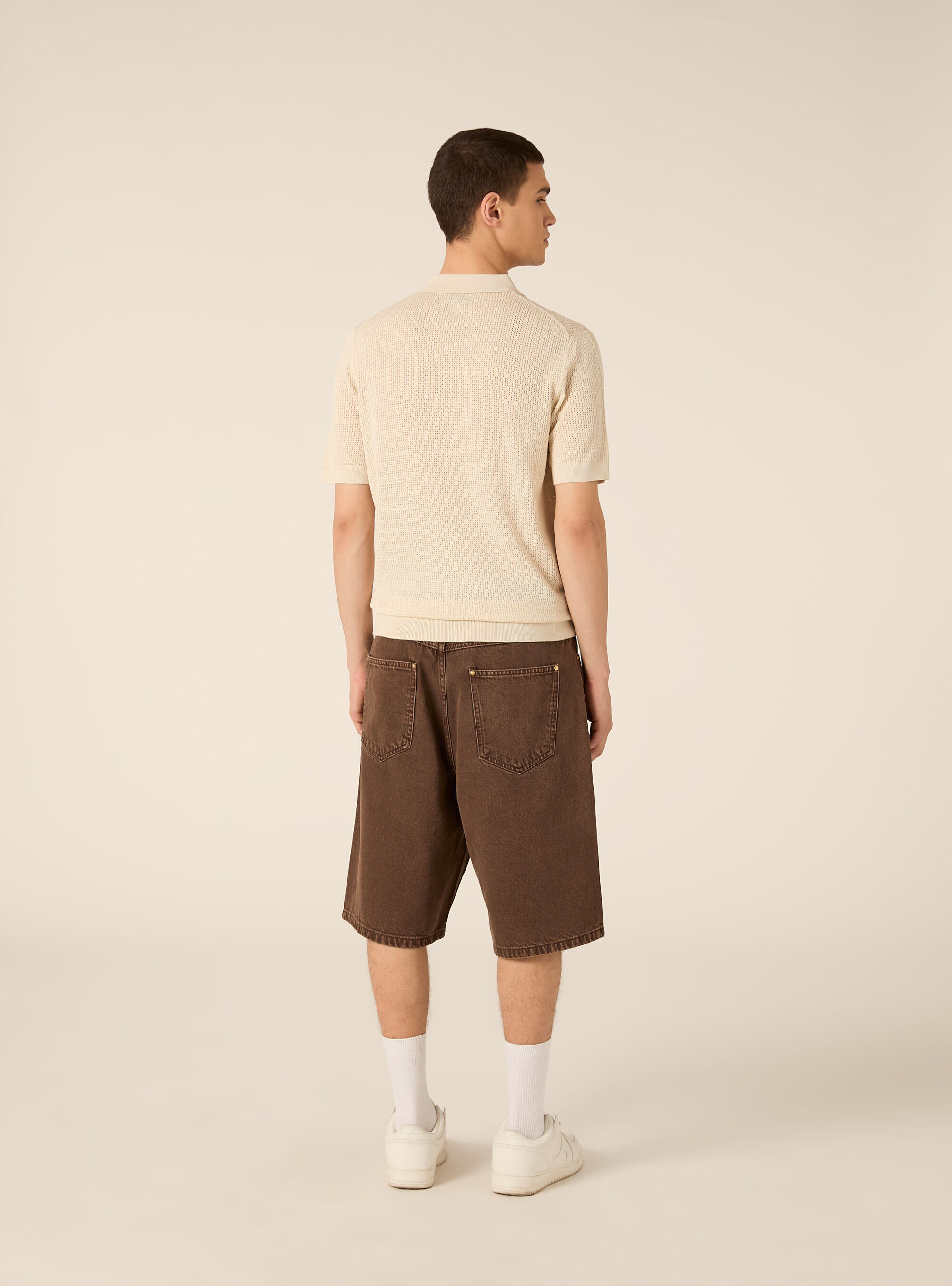 Maglia polo in crochet in misto viscosa, CREMA CHIARO