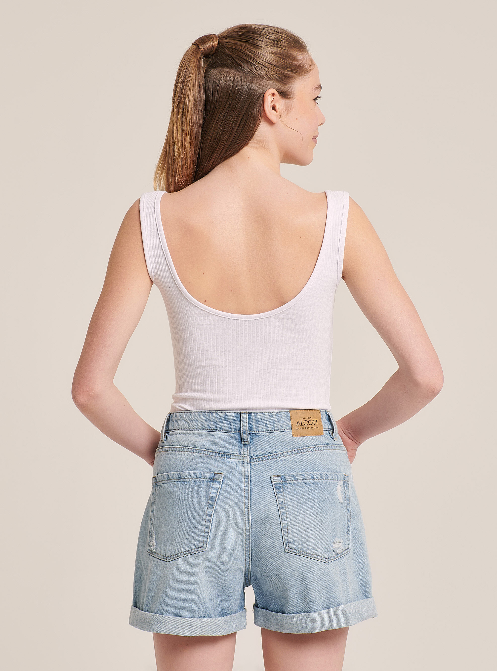 Body con acanalado b&aacute;sico de algod&oacute;n, BLANCO