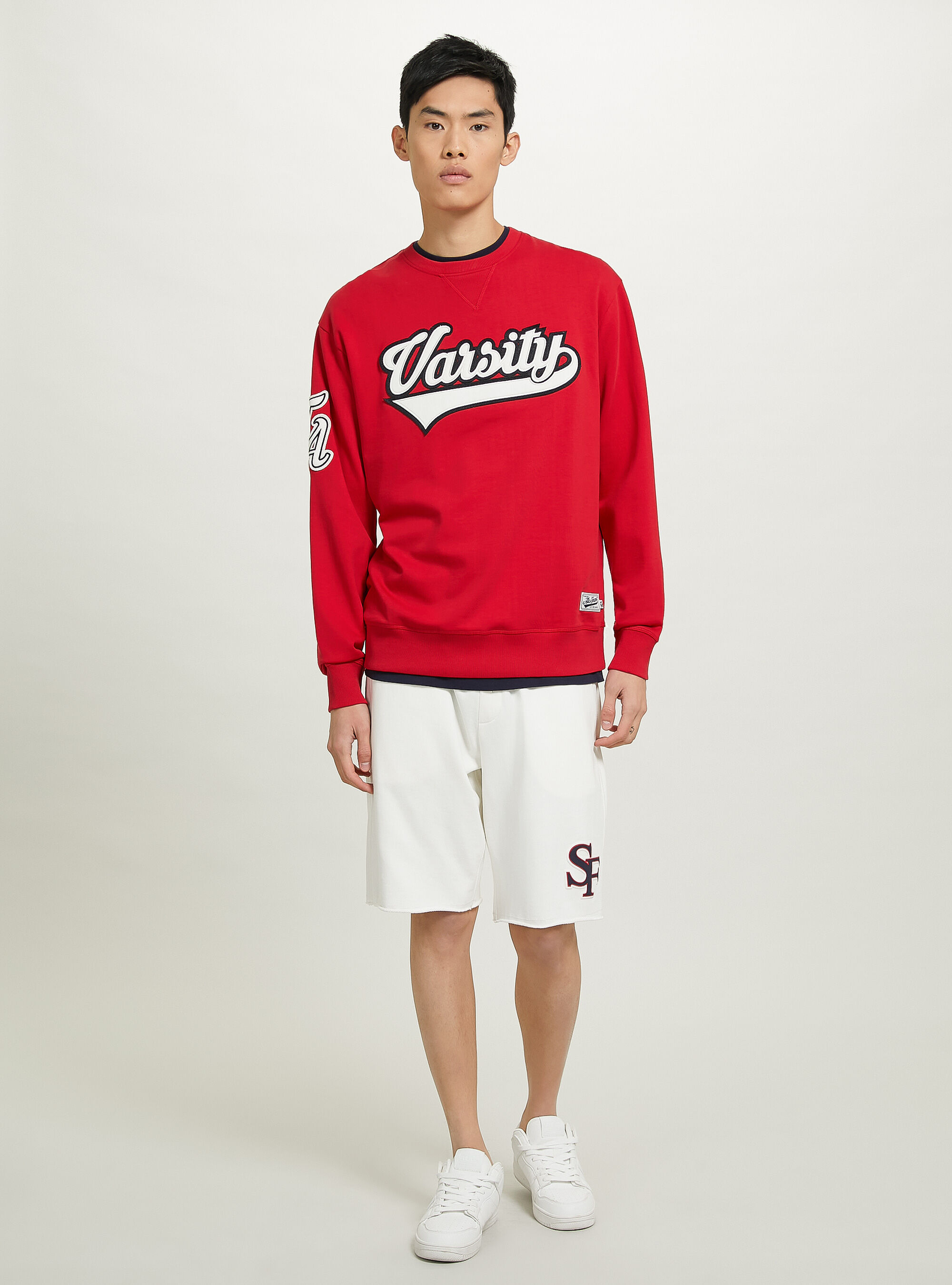 Round-neck college sweatshirt with cotton patch, C3376 RED