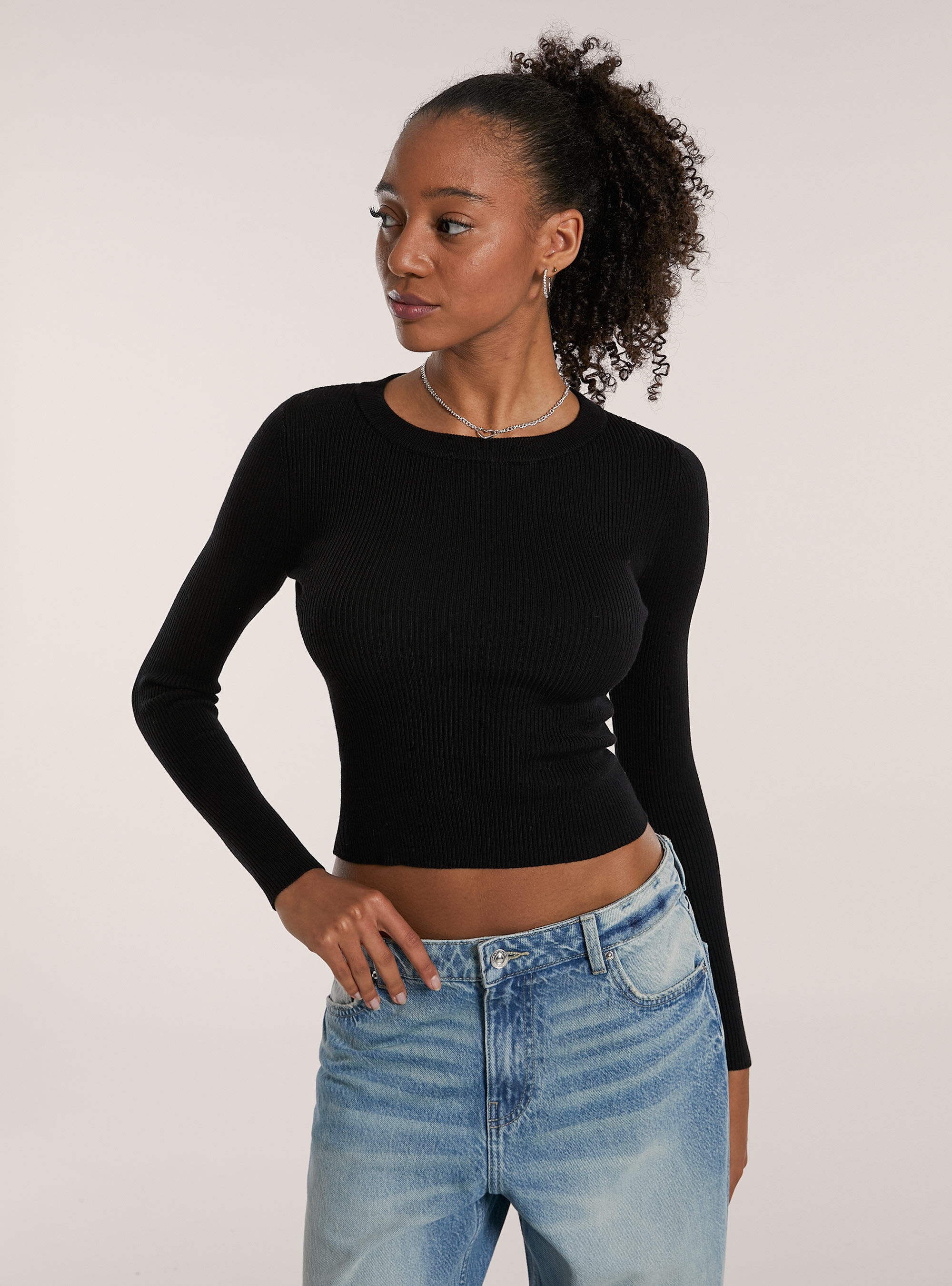 Maglia girocollo a coste, BK1 BLACK