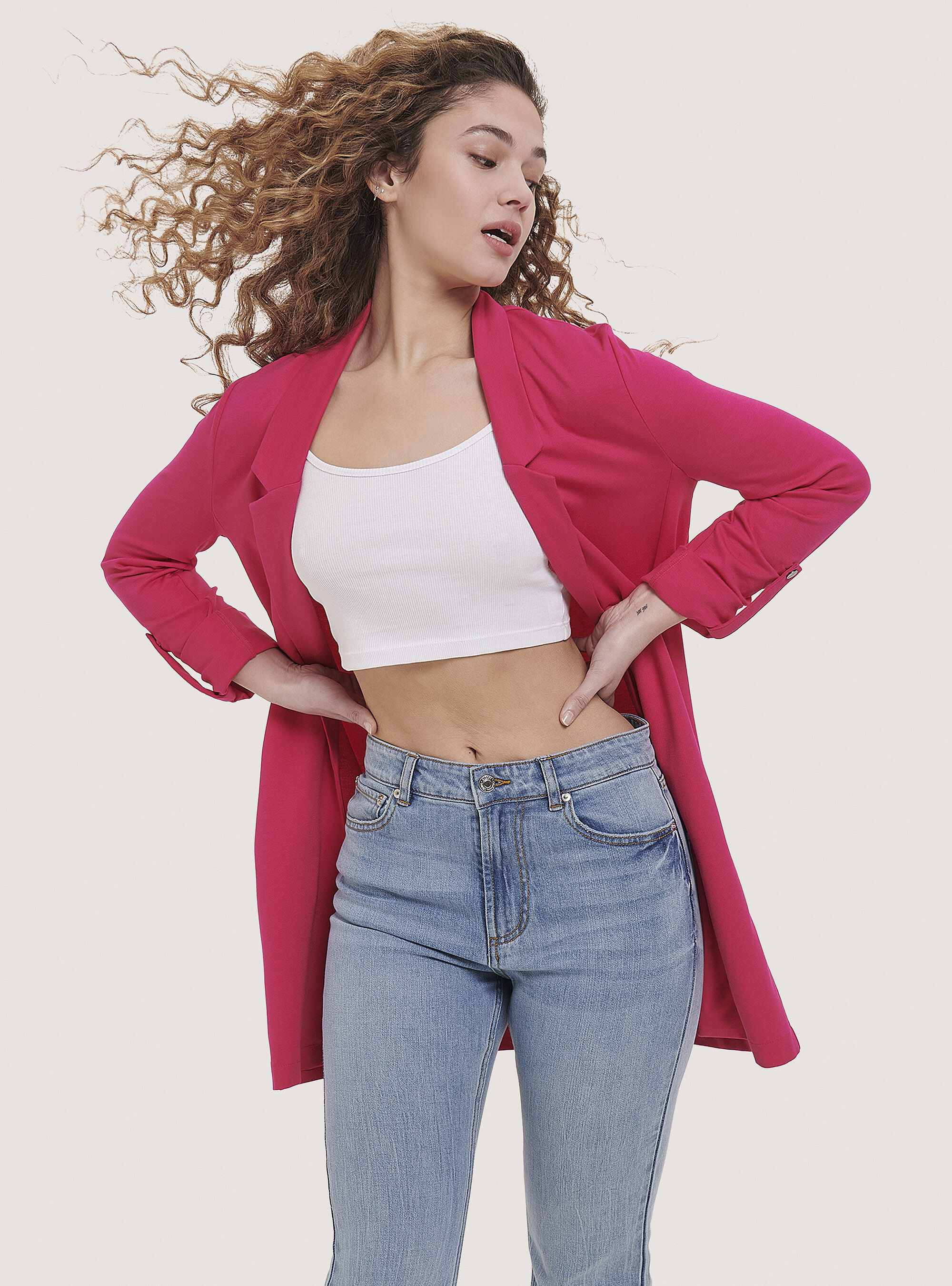 Blazer lungo in tinta unita, FUXIA